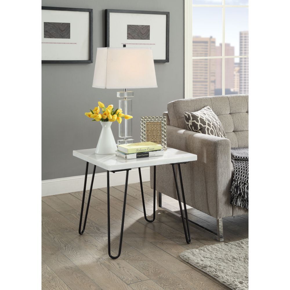ACME KD, Square End Table • No Storage: (Open Base) • Marble Top: Real Marble, Ply, Top Size: 1 Inch Thick (32mm), (Fixed Top/No Apron) • Metal Geometric Leg: Metal Tube | Meri Furniture