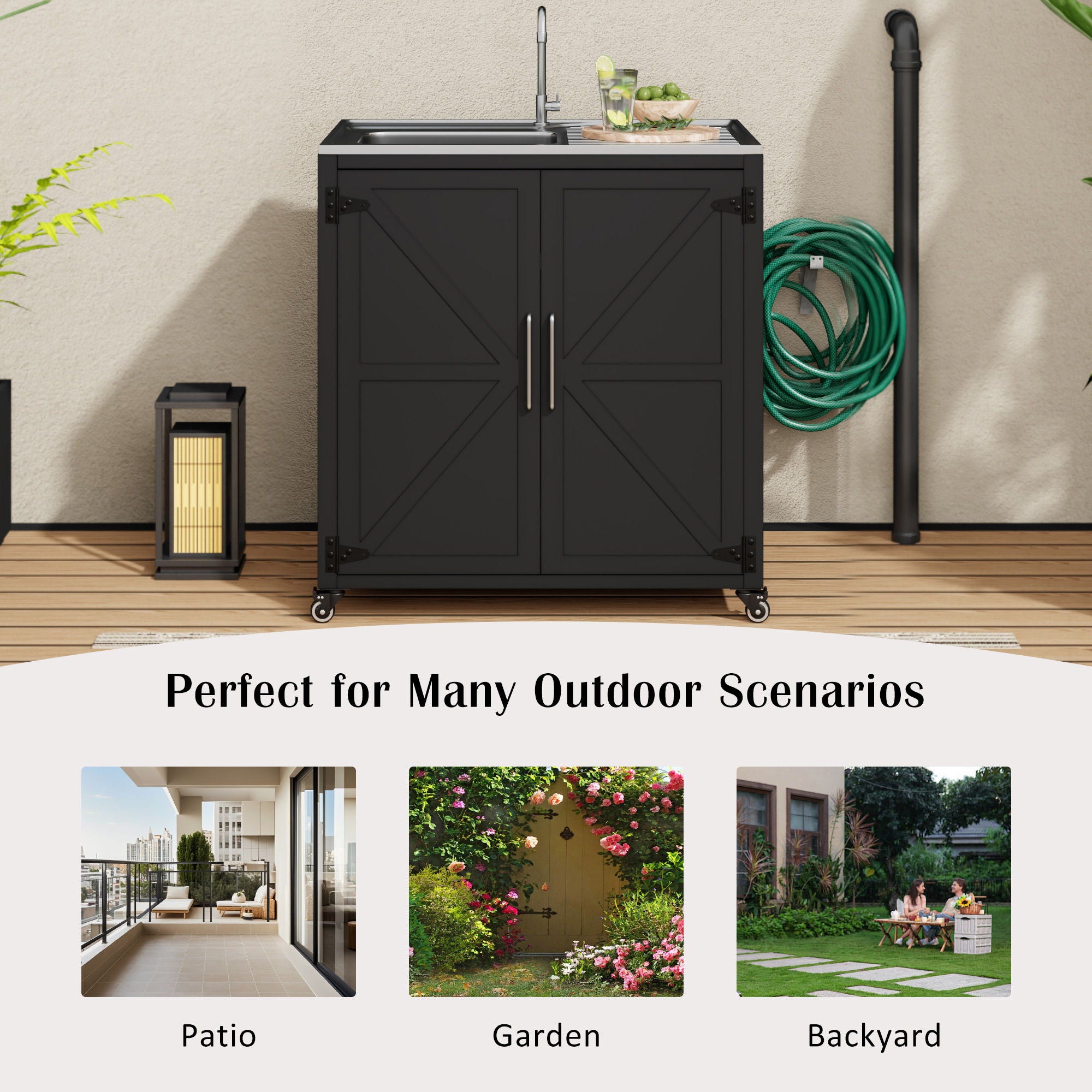 Outdoor Movable Kitchen Sink Patio Modular Kitchen Sink Station With Cabinet For Garden, Patio, Backyard - Matte Black