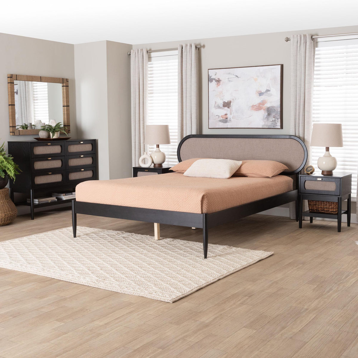 Shirin Mid-Century Beige Fabric and Black Wood Queen 4-Piece Bedroom Set with Two nightstands