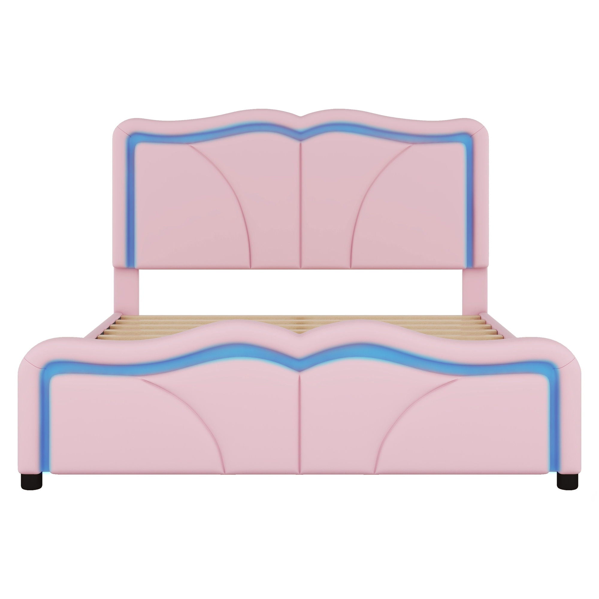 Upholstered Platform Bed & Curve Shaped And Height Adjustable Headboard, LED Light Strips