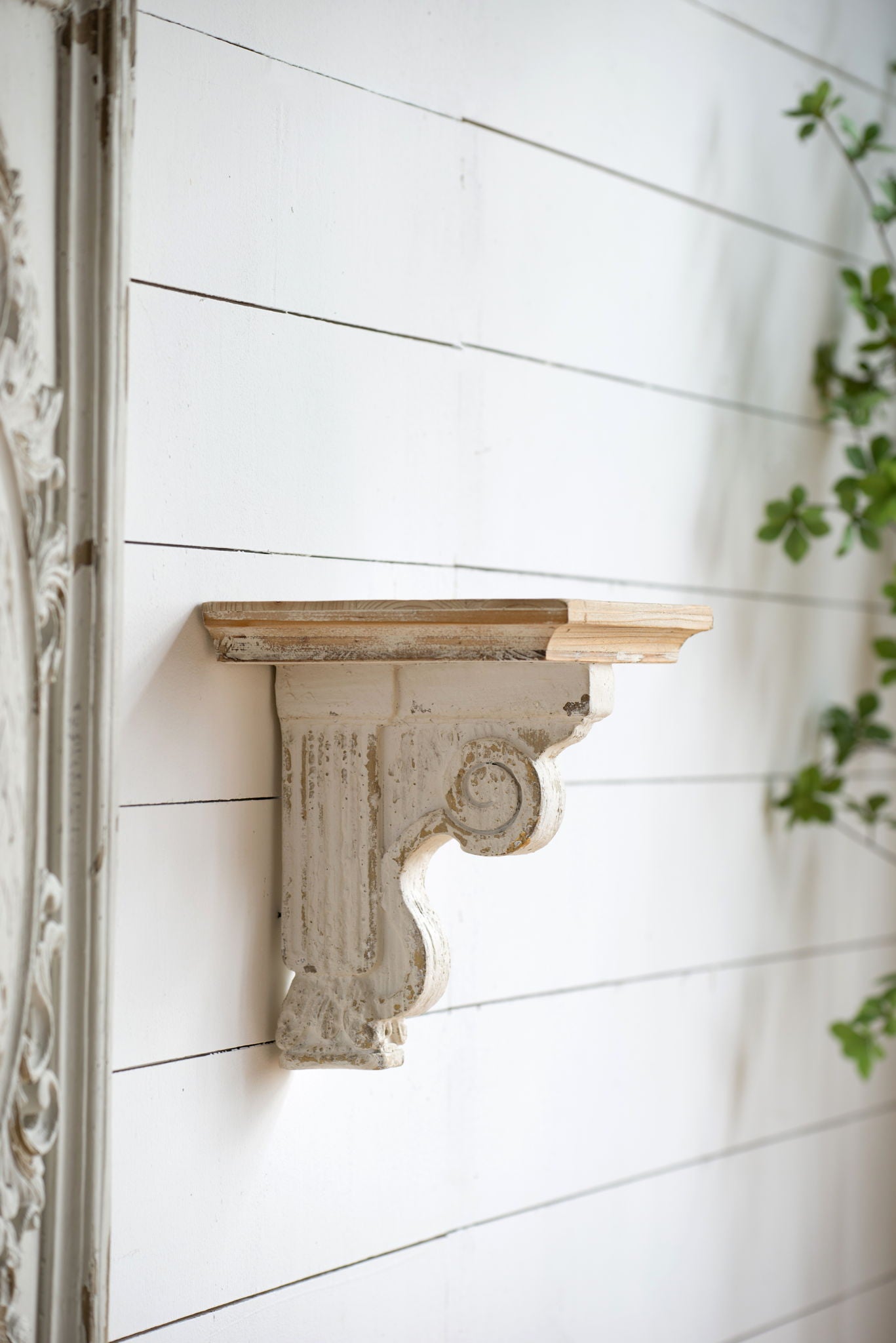 Distressed And Wooden Wall Shelf With Corbel Design - Brown / Antique White