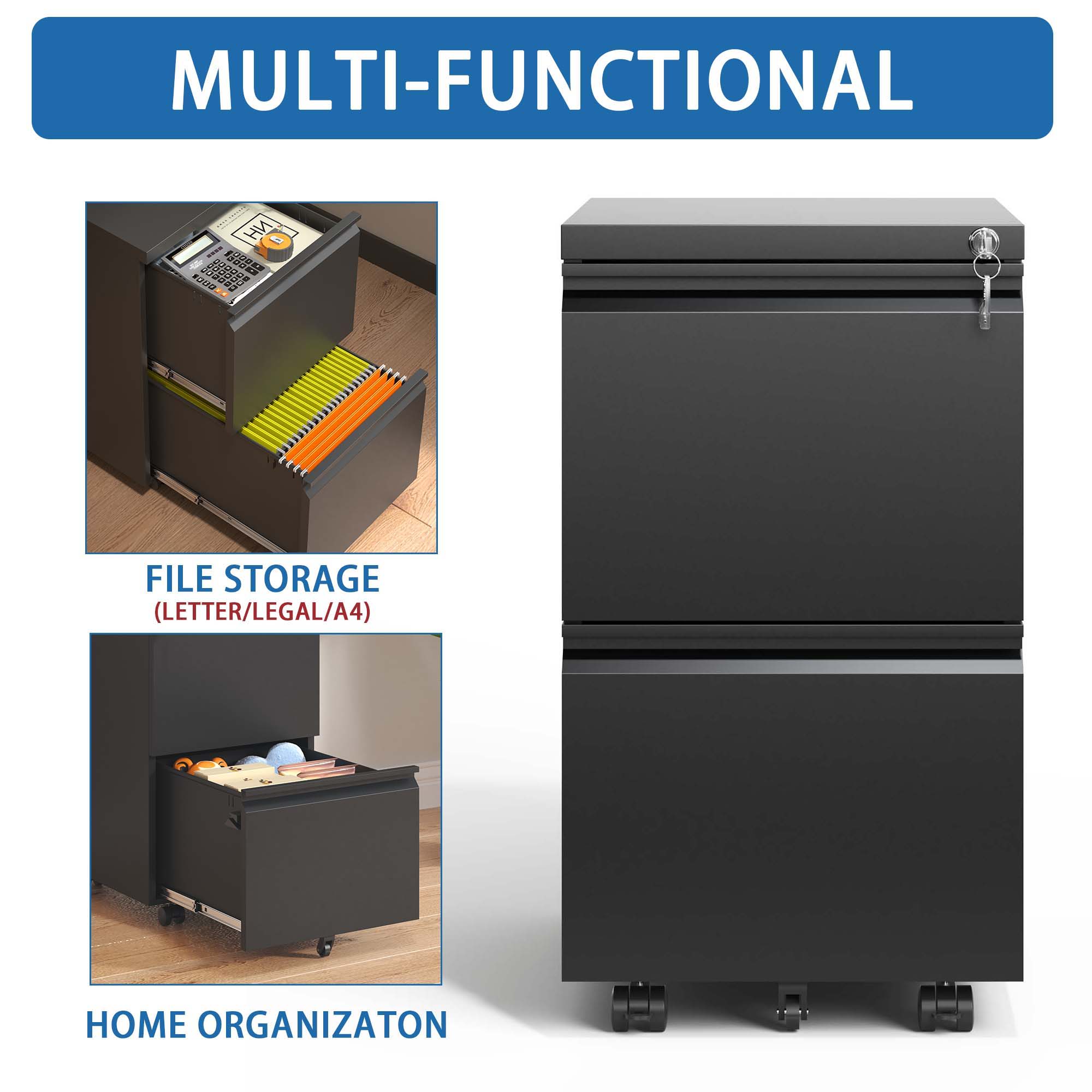 Metal Drawer Mobile File Cabinet With Lock For Home Office Organizer