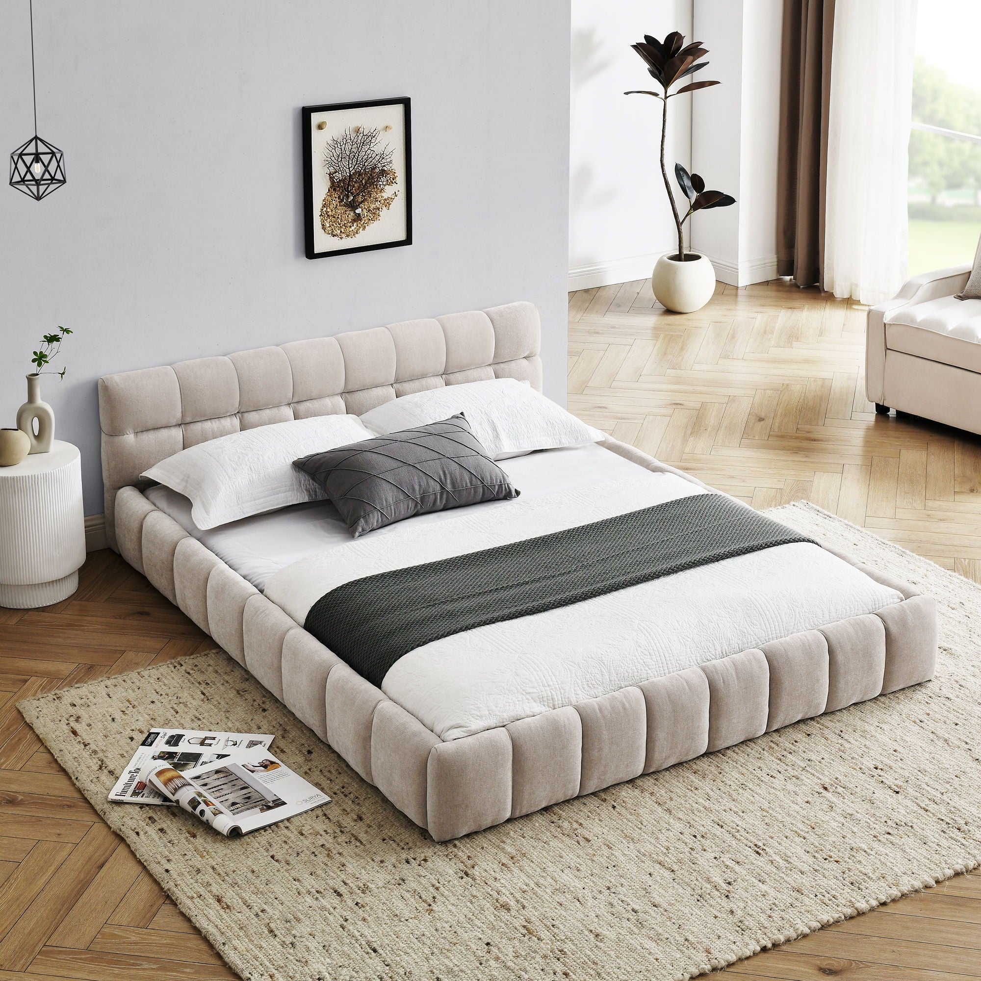 Modern Platform Bed Frame With Thick Chenille Fabric
