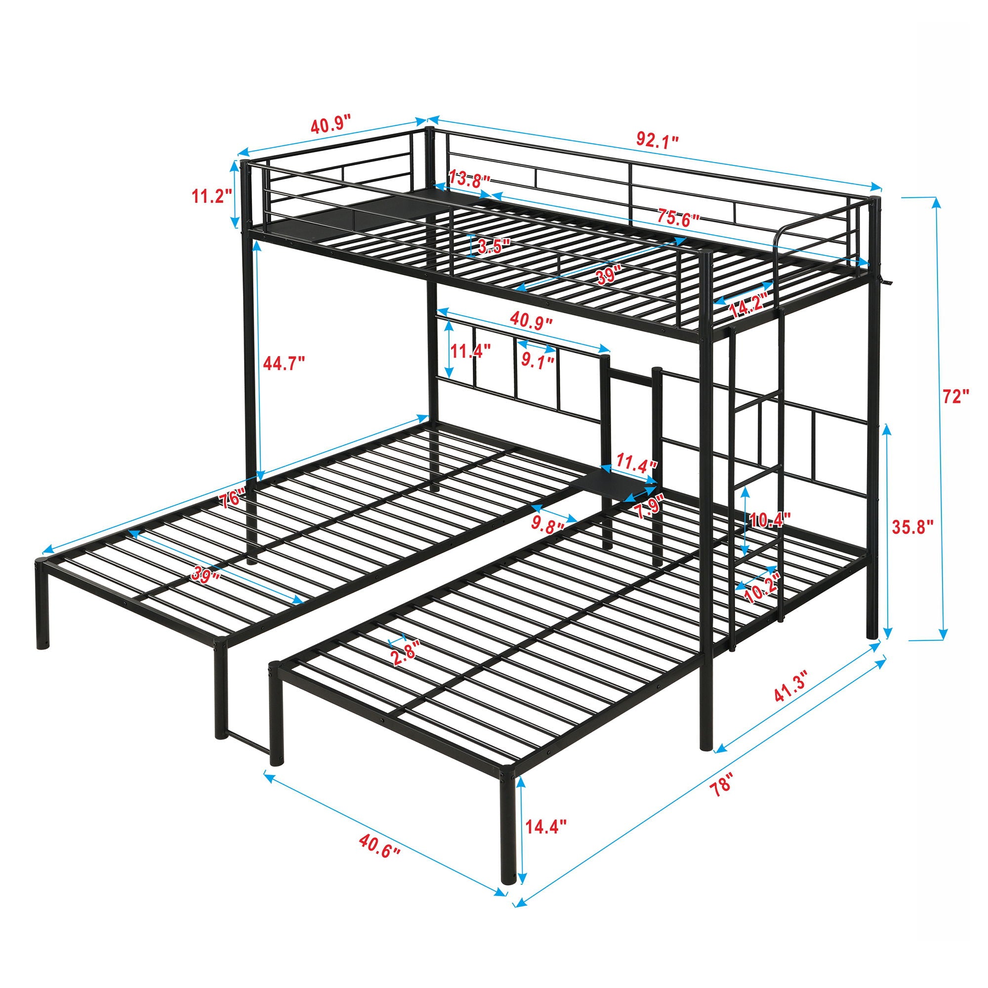 Twin Over Twin Over Twin Triple Bunk Bed With Safety Rails And Storage Shelf - Black