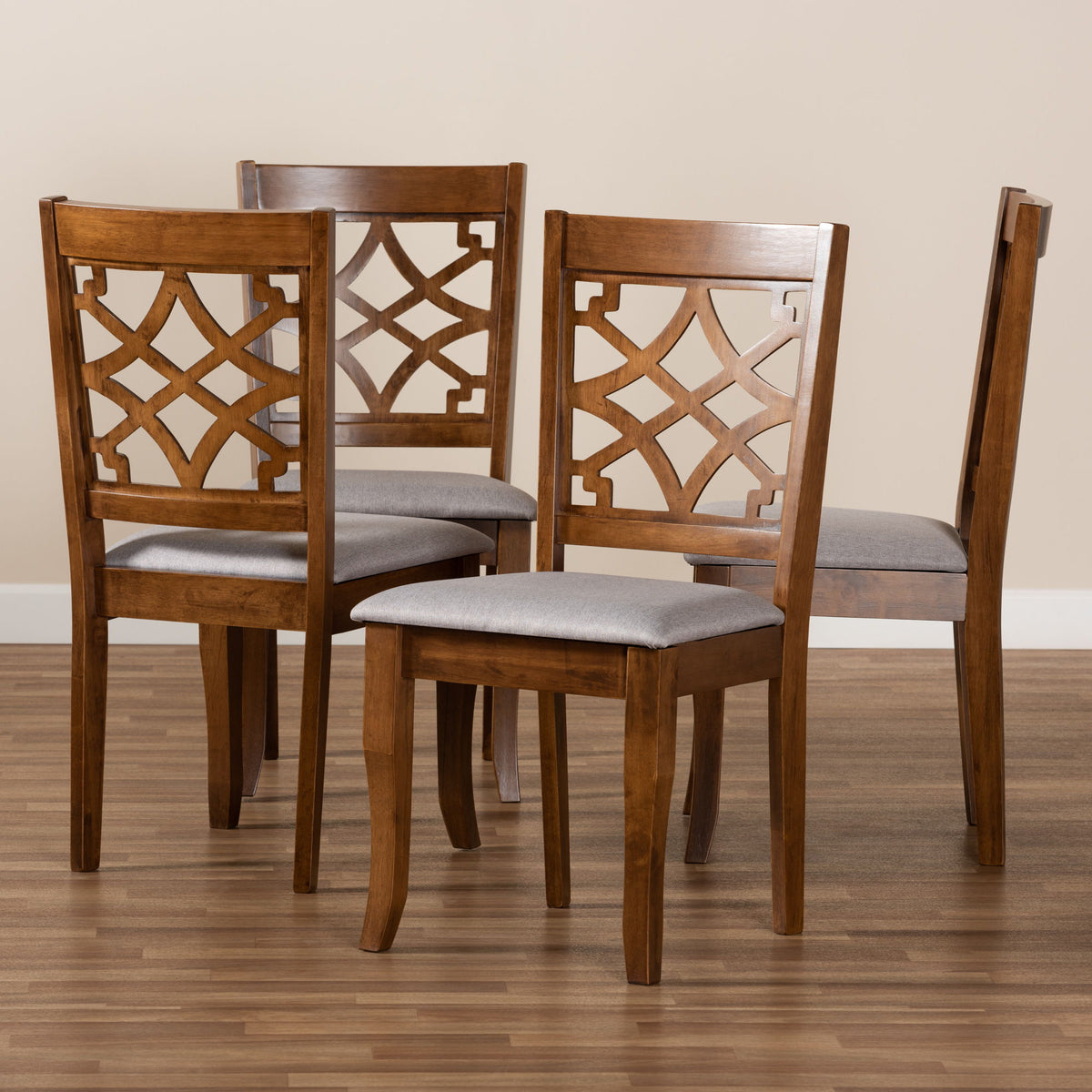 Mael Modern and Contemporary Grey Fabric Upholstered Walnut Brown Finished Wood 4-Piece Dining Chair Set