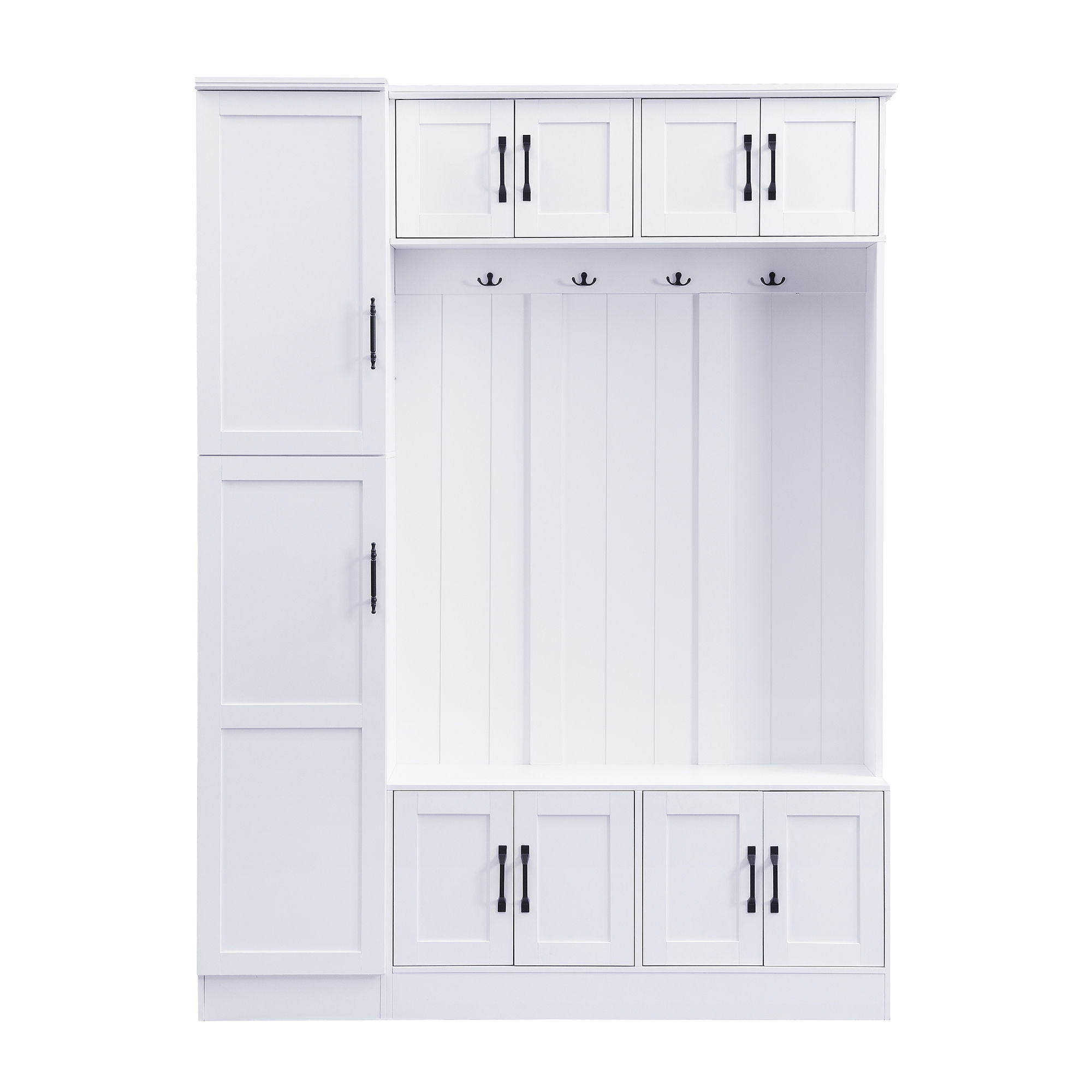 Tall Hall Tree With Shoe Storage, 4 In 1 Entryway Bench With 6 Cabinets, 4 Coat Hooks & Adjustable Shelf For Hallway - White