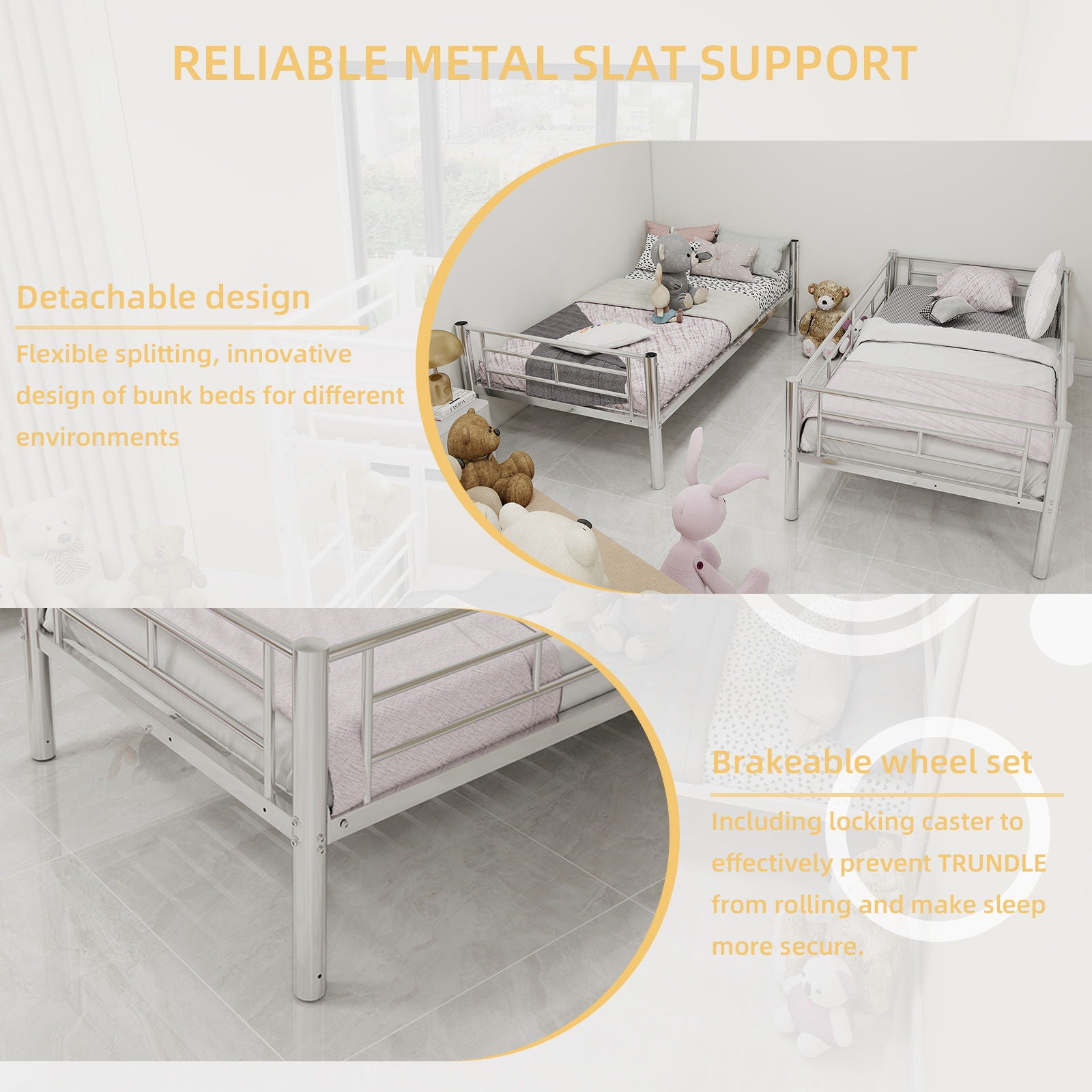 Metal Bunk Bed For Kids, Convertible Bedframe With Ladders & Guardrail