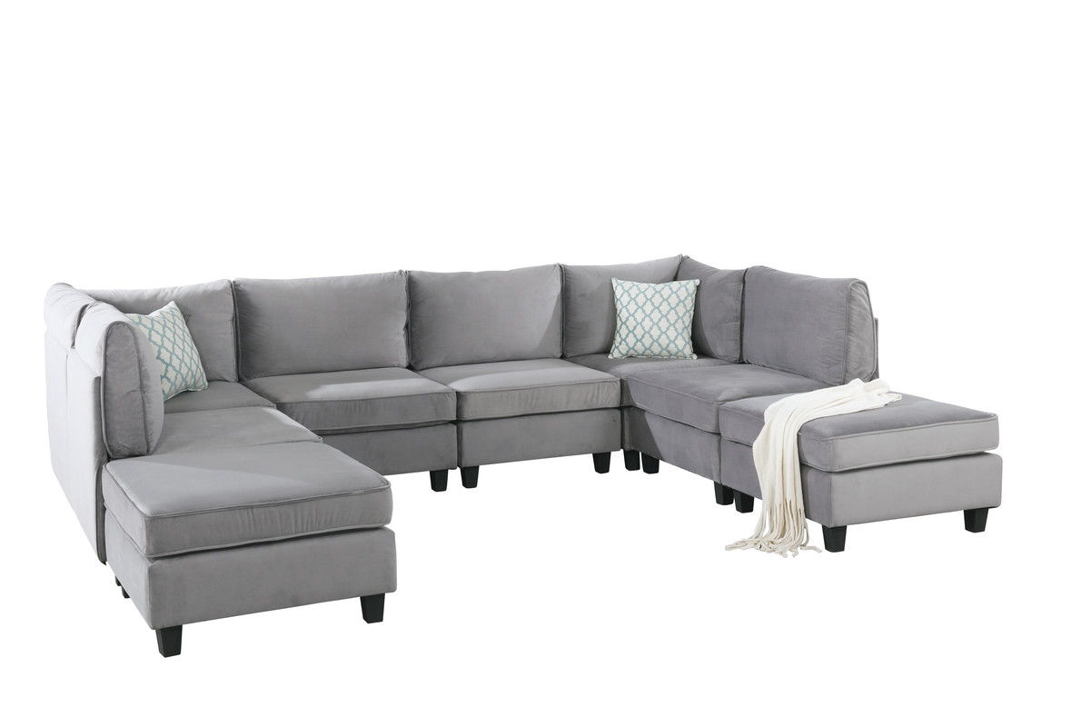 Simona 120"W Gray Velvet 8Pc Modular Sectional Sofa
