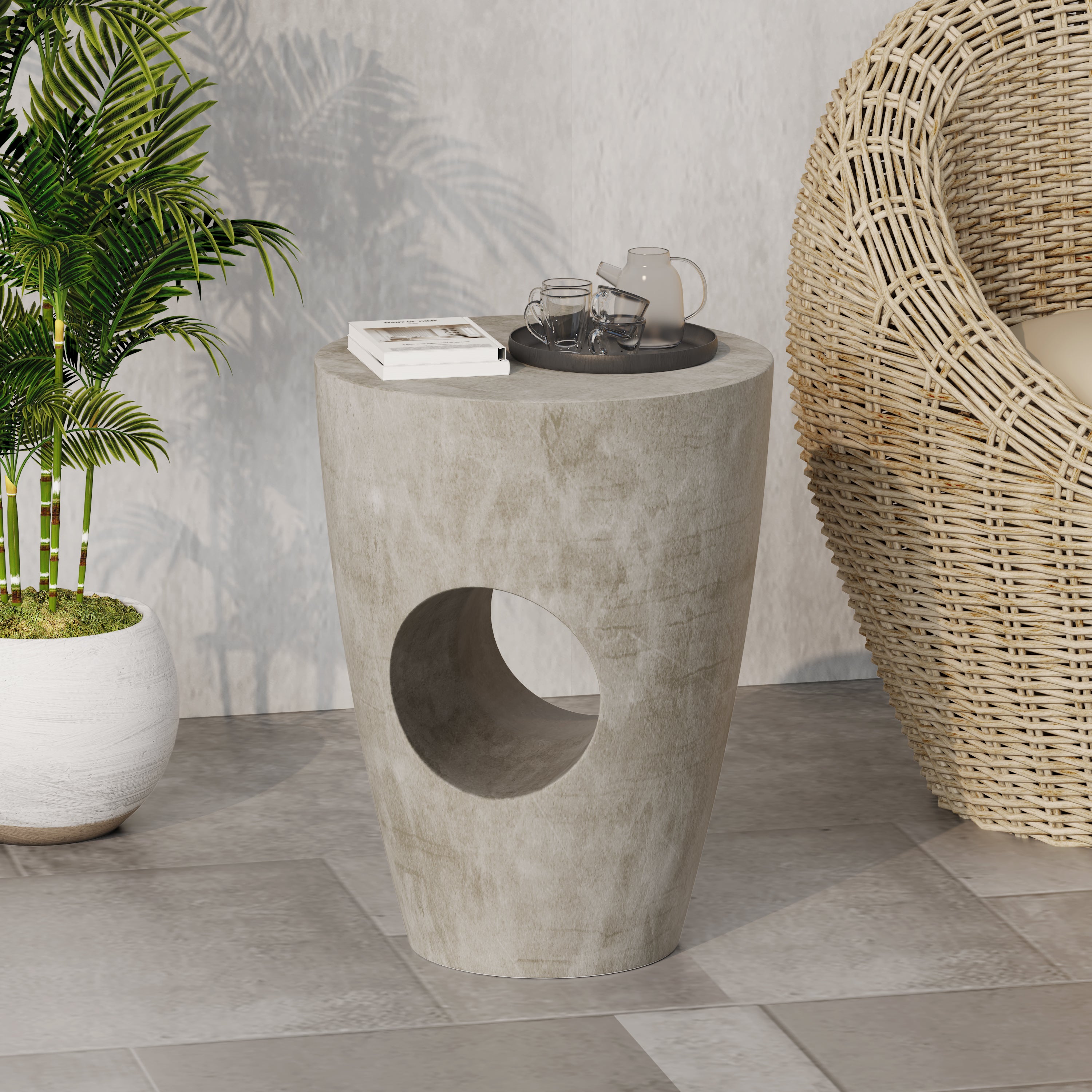 Modern Minimalist Outdoor or Indoor Side Table with Sculptural Hollow Design