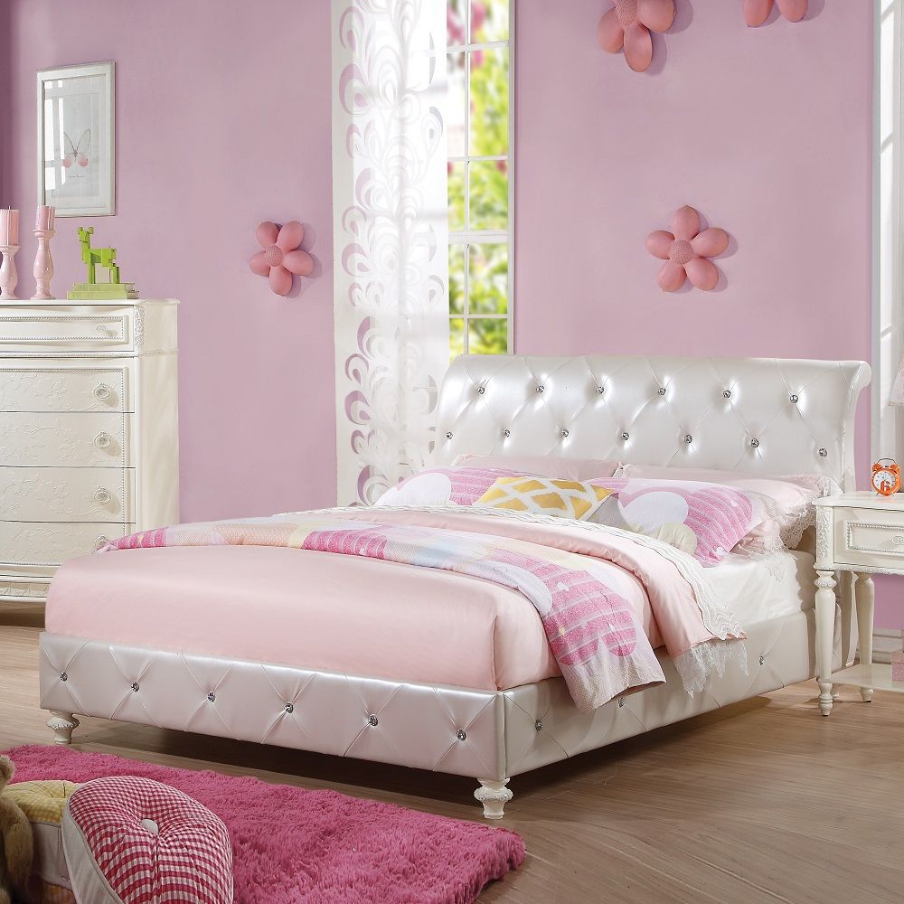 ACME 3 Slats - Box Spring Required Sleigh Bed Fully Padded: Crystal like Button Tufted Low Profile FB Turned Bun Leg | Meri Furniture