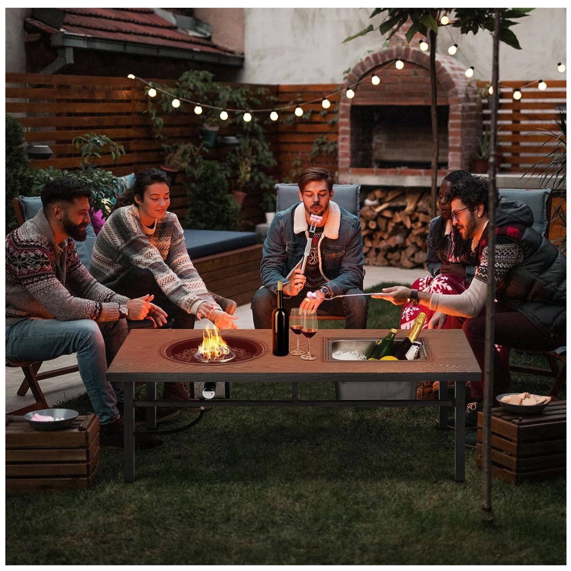 3 In 1 Outdoor Propane Fire Pit Table 50, 000 BTU With Ice Bucket - Beige