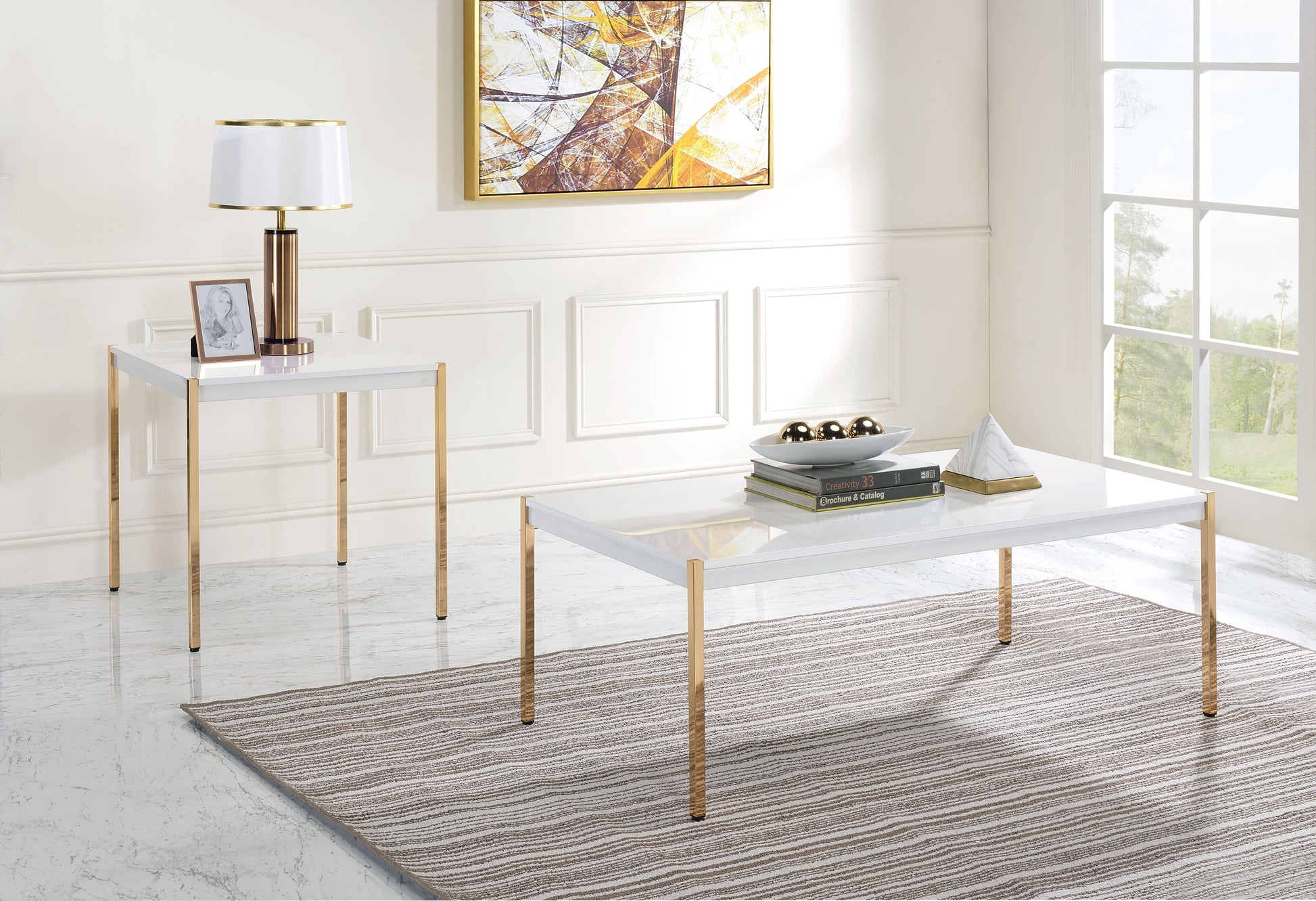 ACME Otrac - End Table - White & Gold Finish | Meri Furniture