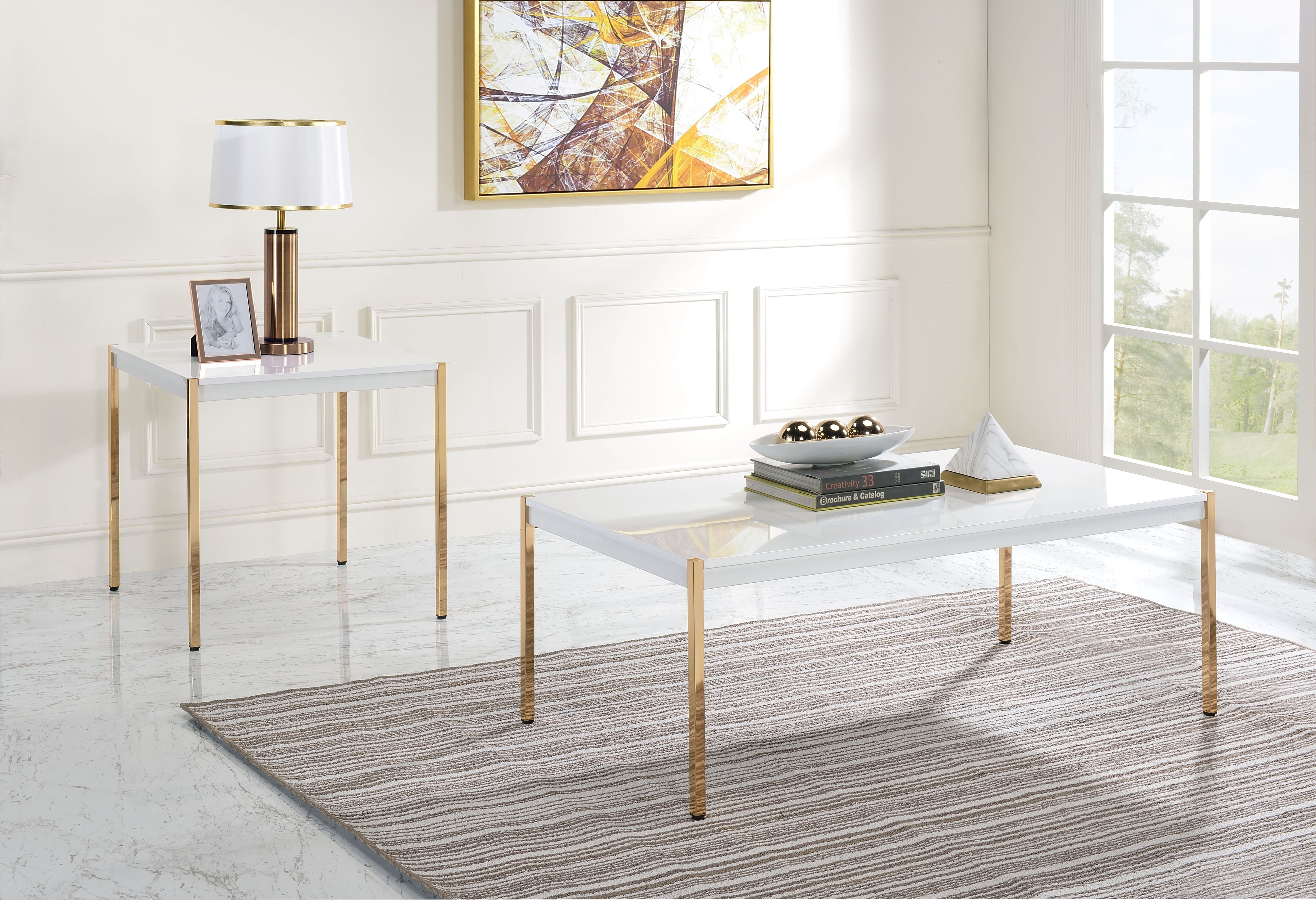 ACME Otrac - End Table - White & Gold Finish | Meri Furniture