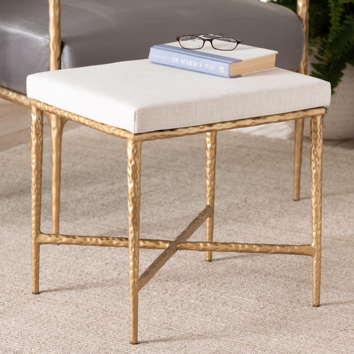 Fumiye Ottoman Footstool - Modern Rustic Accent Stool with Hand-Forged Metal Frame and Upholstered Seat for Living Room or Sitting Room, Rectangle 18"
