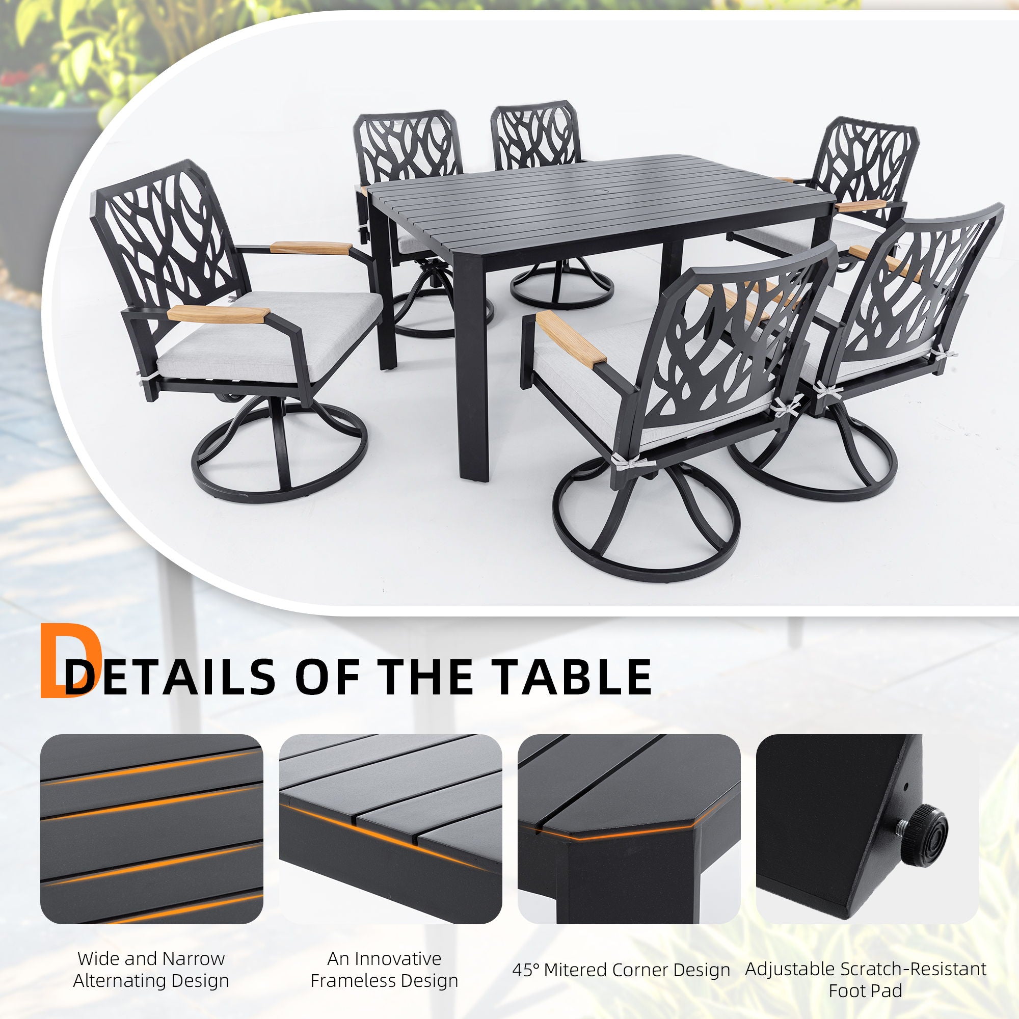 Outdoor Patio Furniture Dining Set With Sunbrella Fabric, Rectangular Table With Umbrella Hole
