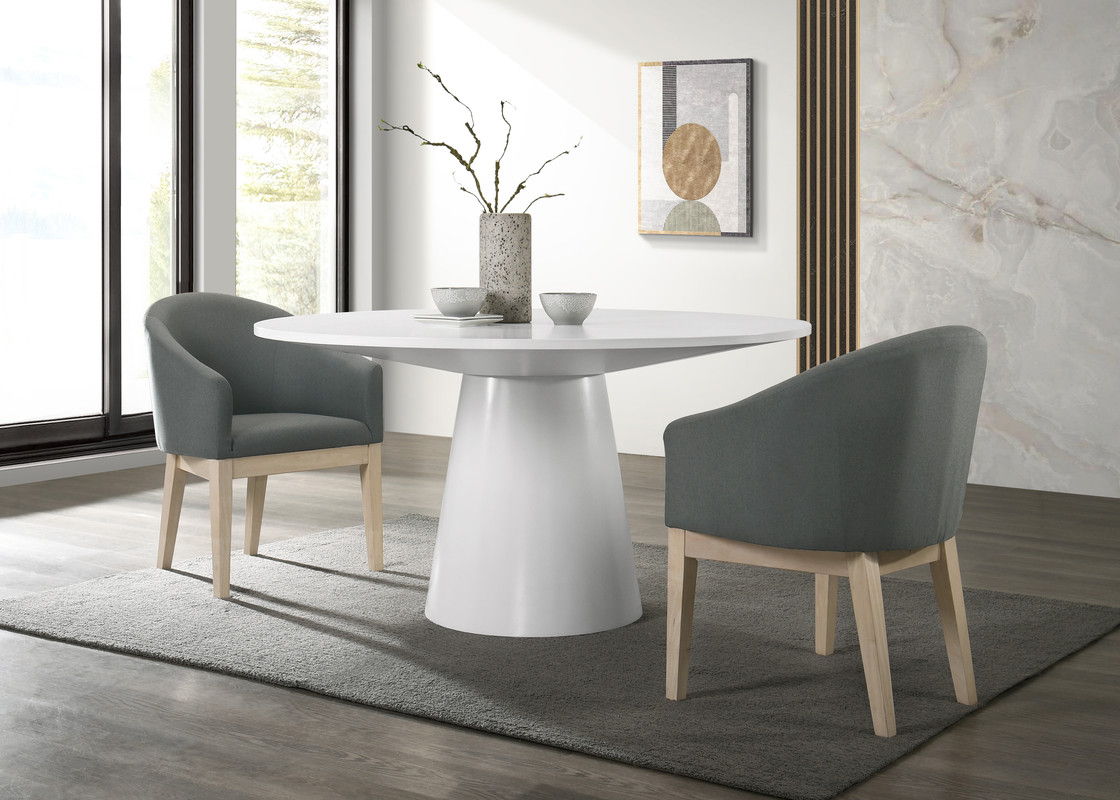 Jasper 59" White 3 Piece Round Dining Table Set with Pedestal Base and Gray Barrel Chairs