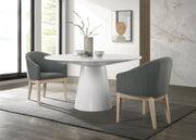 Jasper 59" White 3 Piece Round Dining Table Set with Pedestal Base and Gray Barrel Chairs