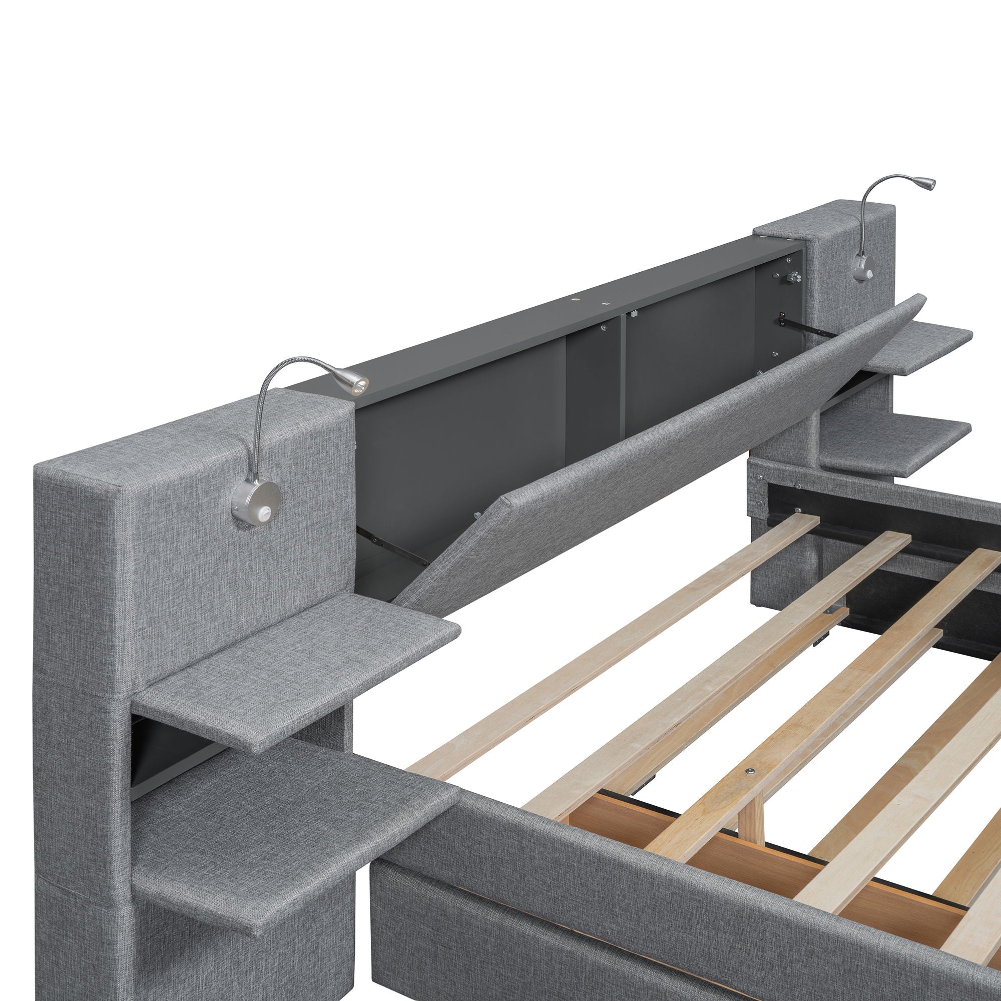 Upholstered Platform Bed With Reading Lights, Drawers, Trundle And Shelves