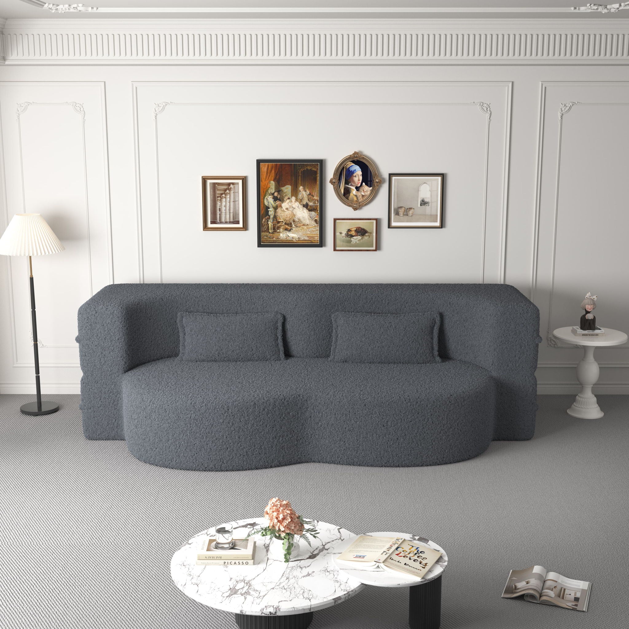 Modern Floor Sofa, With 2 Pillows, Convertible Teddy Fabric Foam Filled Bed