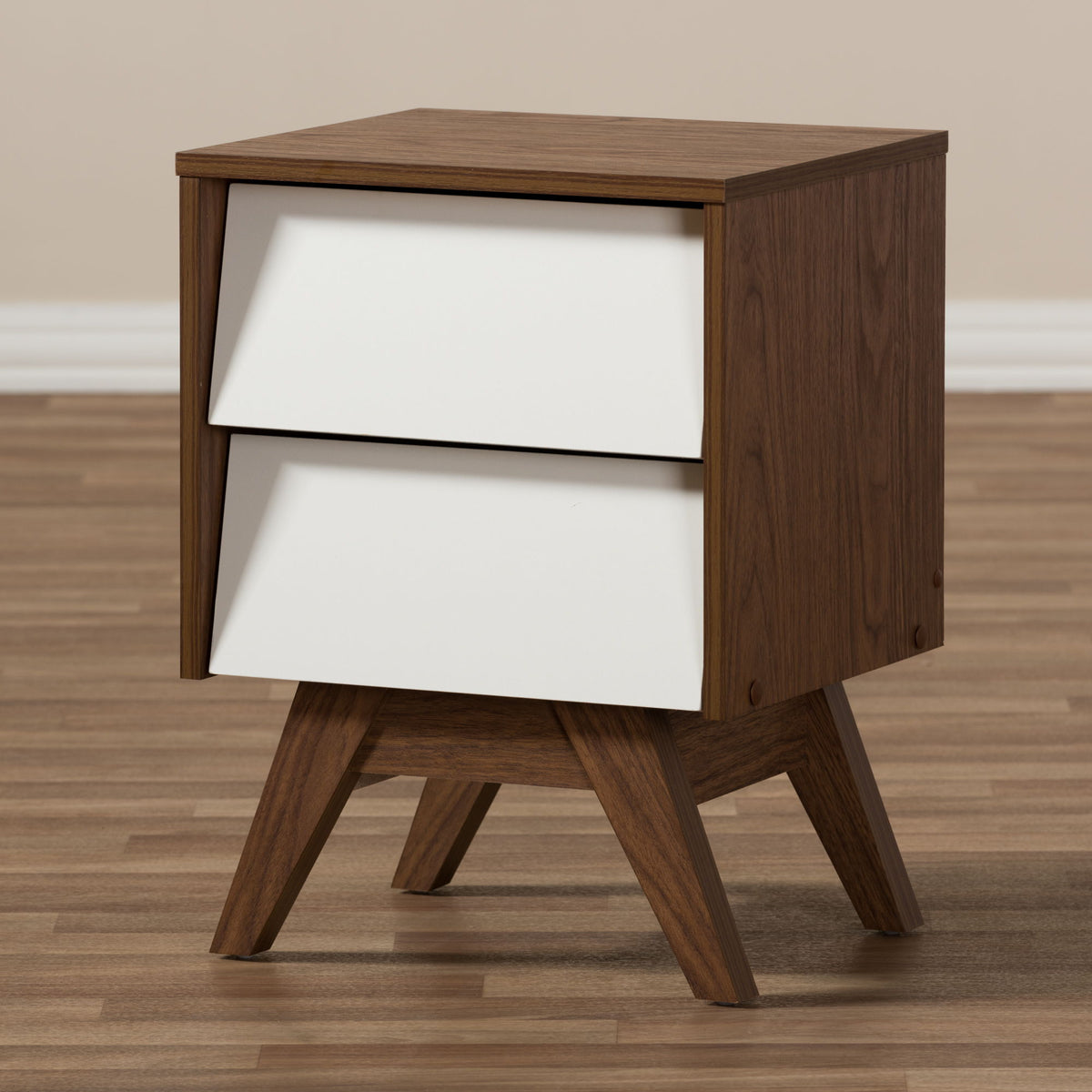 Hildon Mid-Century Modern White and Walnut Wood 2-Drawer Storage Nightstand