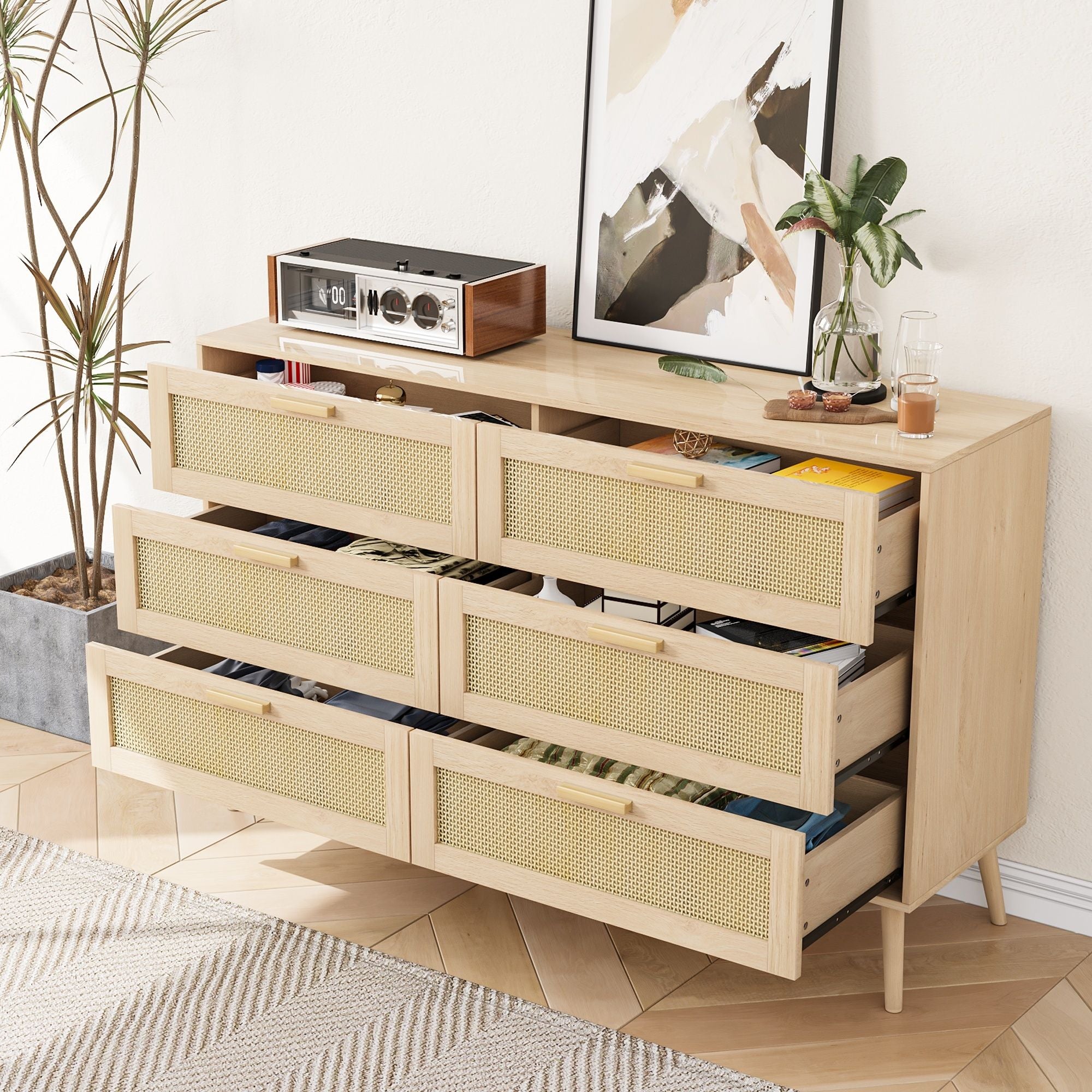 Rattan 6 Drawers Chest Of Dressers For Bedroom, Modern 6 Drawer Dresser, Wide Chest Of Drawers With Wood Handles, Rattan Dresser Storage Cabinet For Living Room, Bedroom, Hallway - Natural Wood / Oak