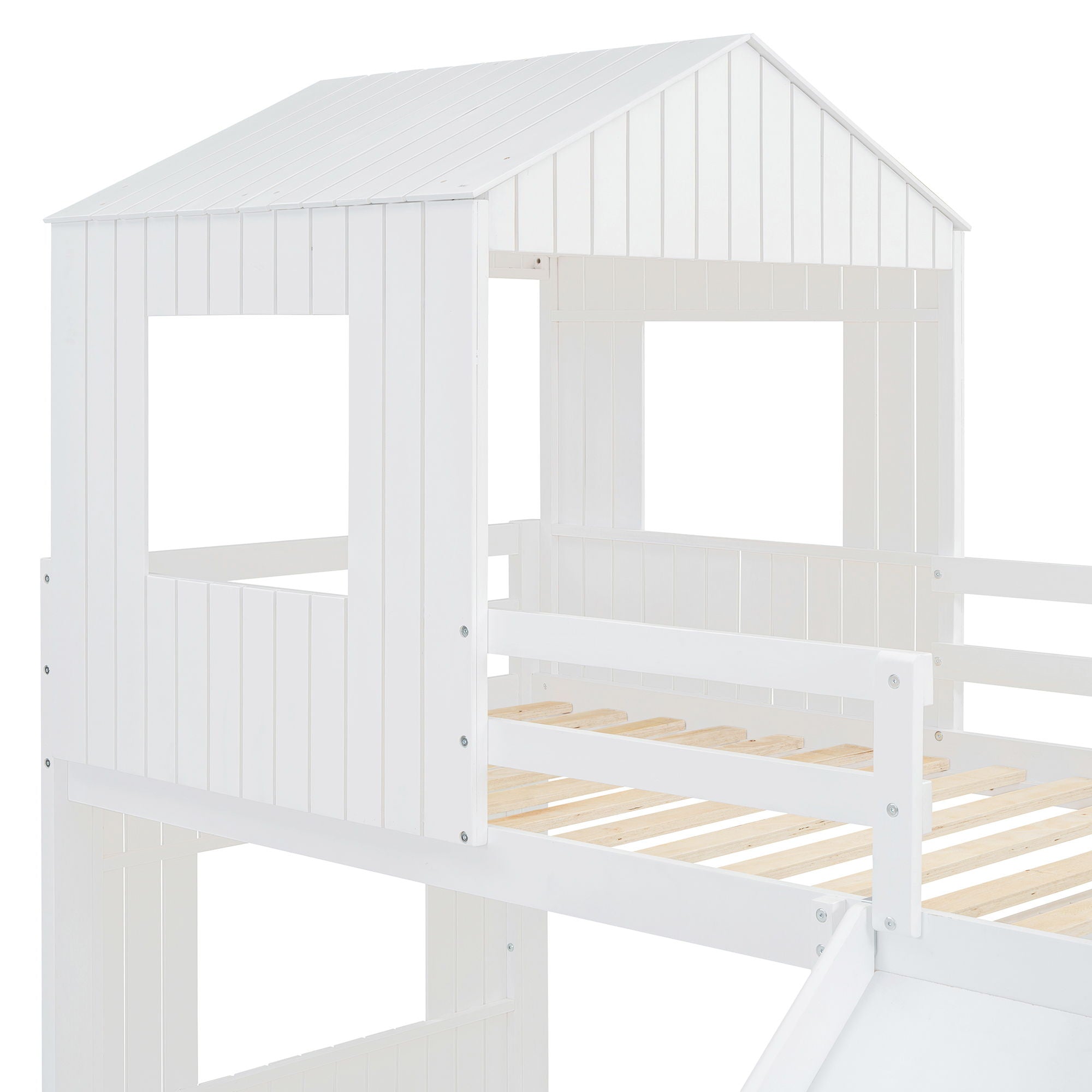 Loft Bunk Bed With Playhouse, Farmhouse, Ladder, Slide And Guardrails