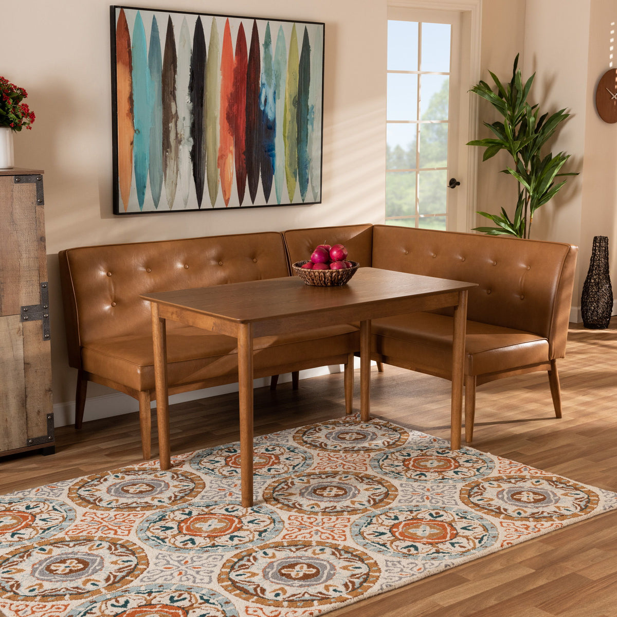Arvid Mid-Century Modern Tan Faux Leather Upholstered and Walnut Brown Finished Wood 3-Piece Dining Nook Set