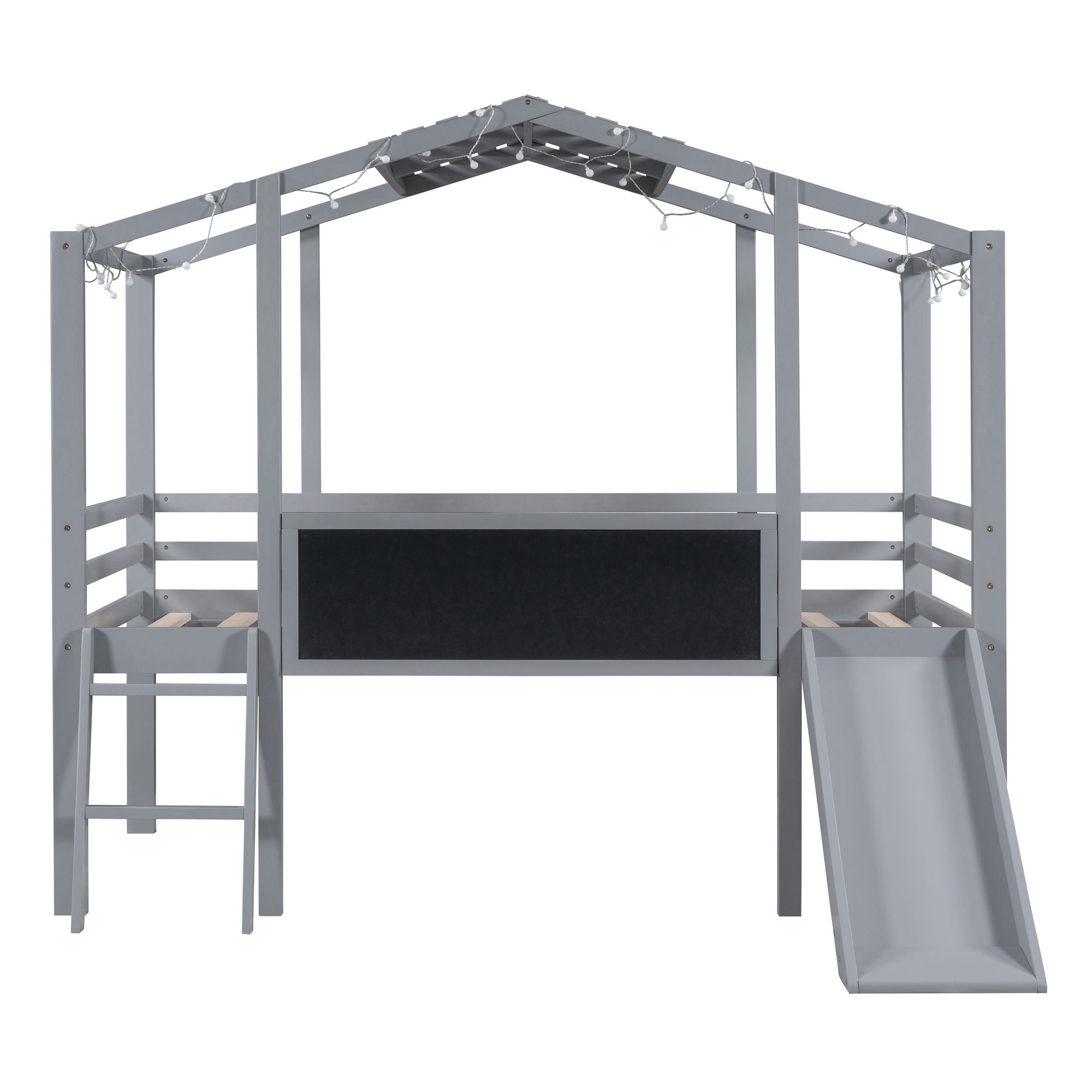Loft House Bed With Ladder And Slide, With Blackboard And Light Strip On The Roof