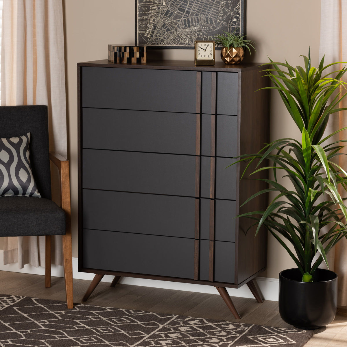 Naoki Modern and Contemporary Two-Tone Grey and Walnut Finished Wood 5-Drawer Bedroom Chest