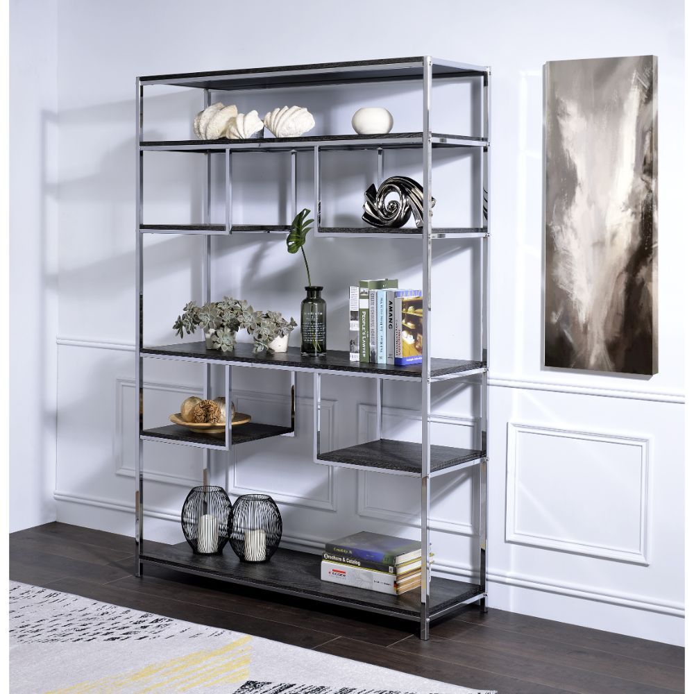 ACME Vonara - Bookshelf - Rustic Gray Oak & Chrome | Meri Furniture