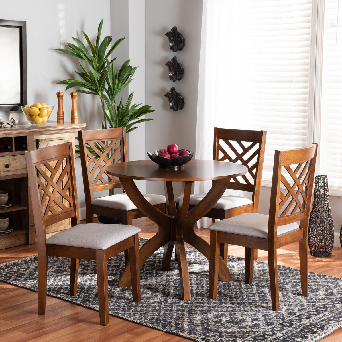 Edona Modern and Contemporary Grey Fabric Upholstered and Walnut Brown Finished Wood 5-Piece Dining Set