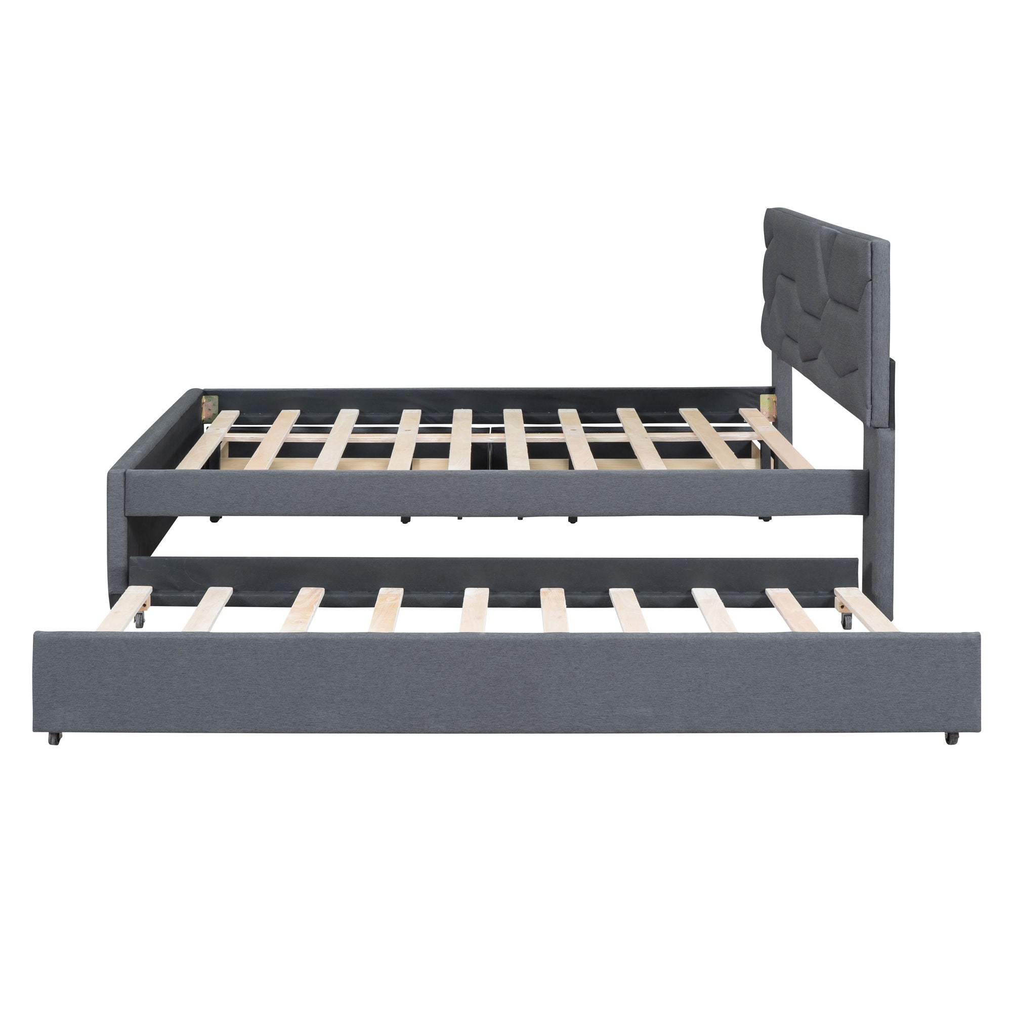 Upholstered Platform Bed With Brick Pattern Headboard And Twin Long Size Trundle