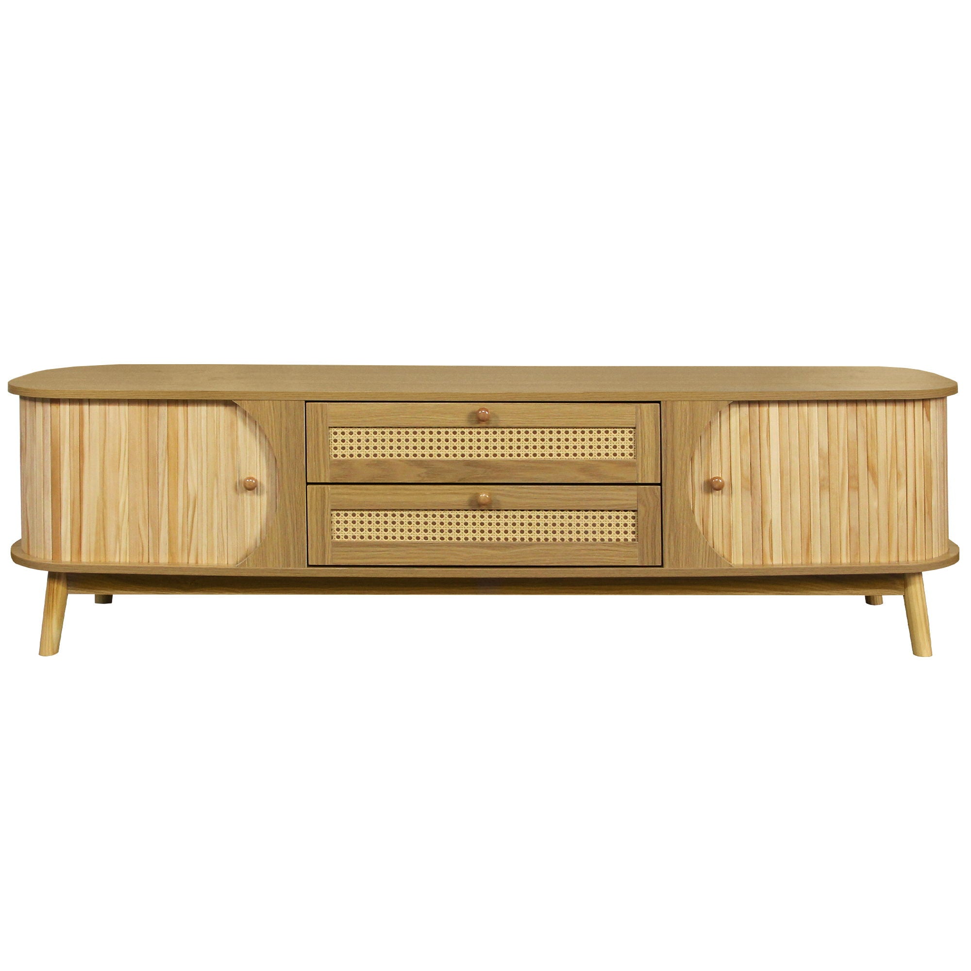 Rattan TV Stand For Tvs Up To 75'', Modern Farmhouse Media Console, Entertainment Center With Legs, TV Cabinet For Living Room, Home Theatre - Natural Wood