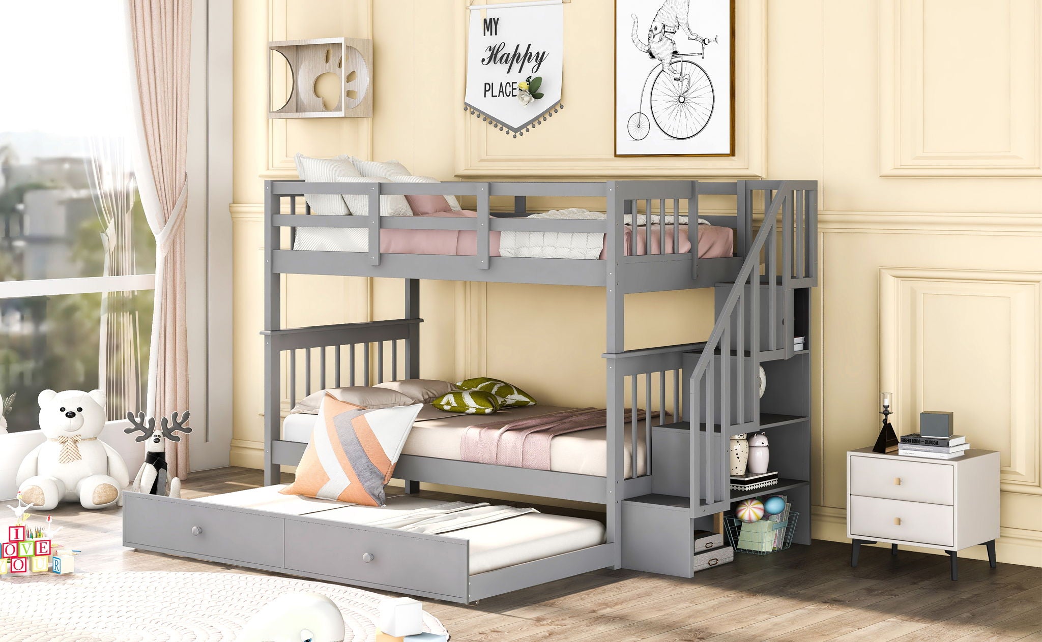 Stairway Bunk Bed With Storage And Guard Rail For Bedroom