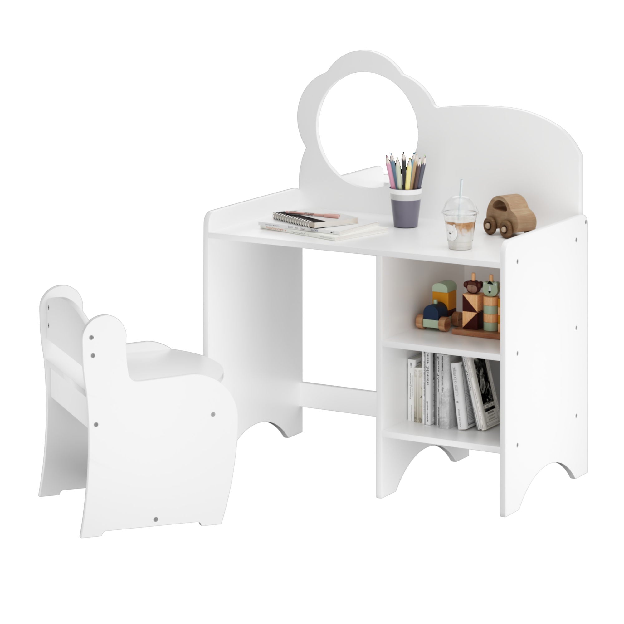 Kids Vanity Table With Mirror And Chair, Dressing Makeup Desk With Storage Shelves - White
