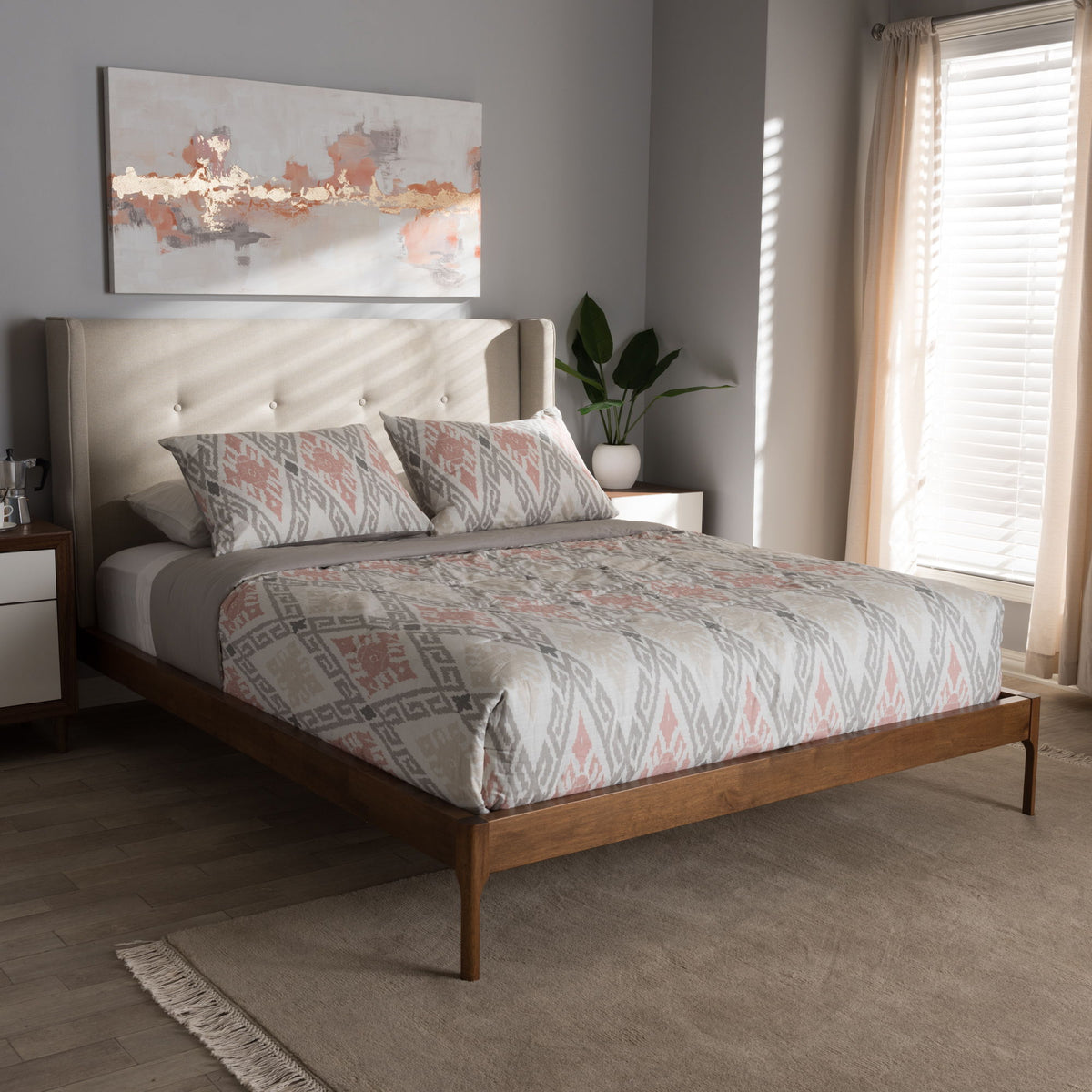 Brooklyn Mid-Century Modern Walnut Wood Beige Fabric King Size Platform Bed