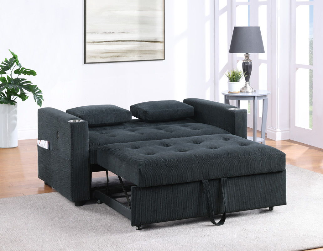 Luelle 57"W Black Corduroy Convertible Sleeper Loveseat with Cupholders, USB Ports, Magazine Pockets, Pillows, Tufting