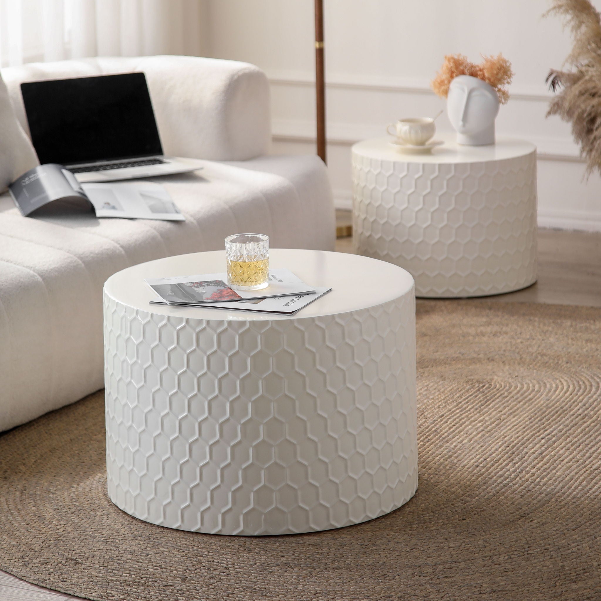 Minimalist Honeycomb Nesting Coffee Table Set, Round Drum Circle Table (Set of 2) - Beige