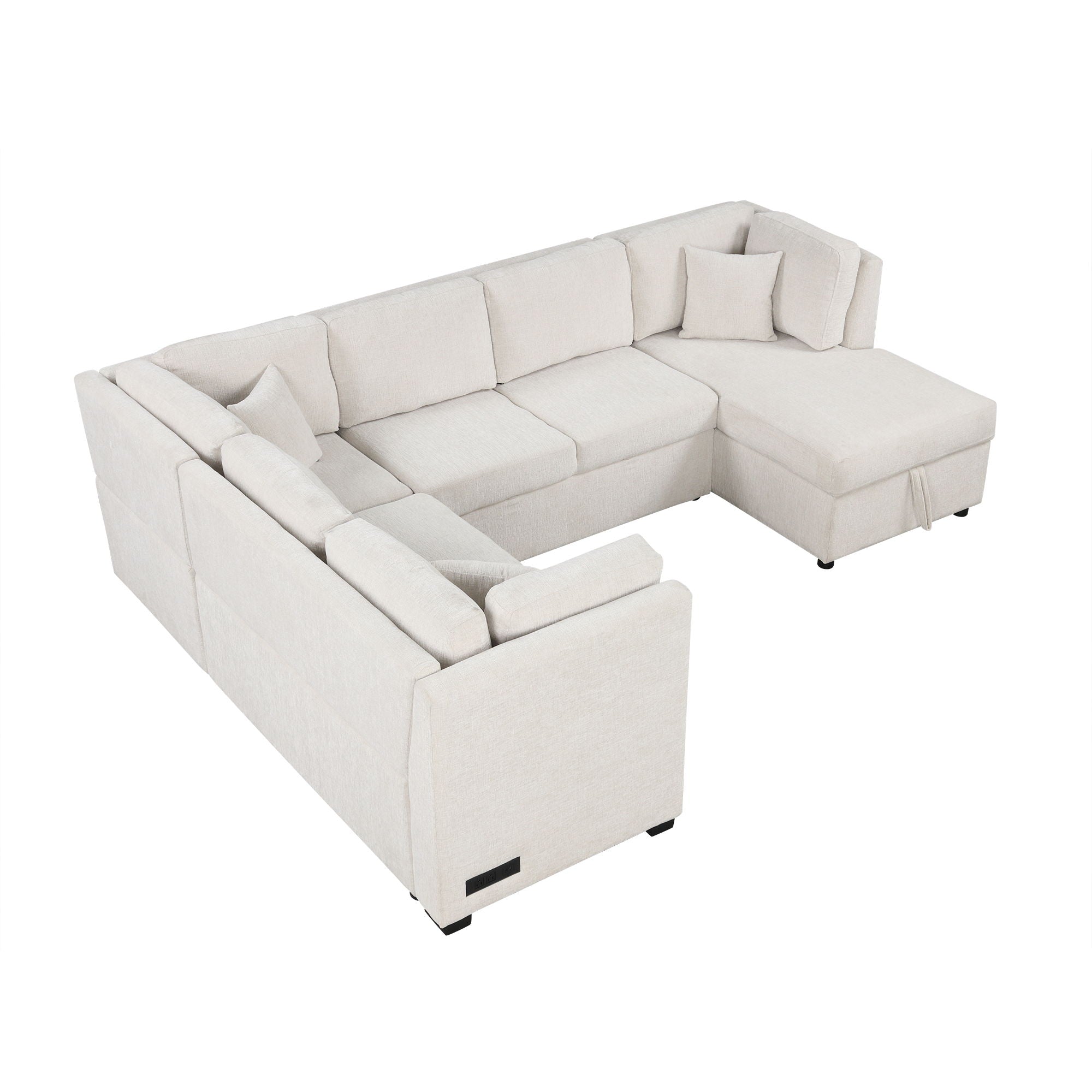 U-Shaped Sectional Sofa Pull Out Sofa Bed With Two USB Ports, Two Power Sockets, Three Back Pillows And A Storage Chaise For Living Room