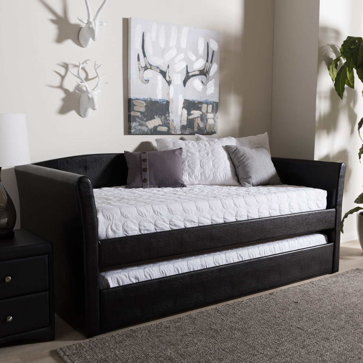 CamiNo Modern and Contemporary Black Faux Leather Upholstered Daybed with Guest Trundle Bed