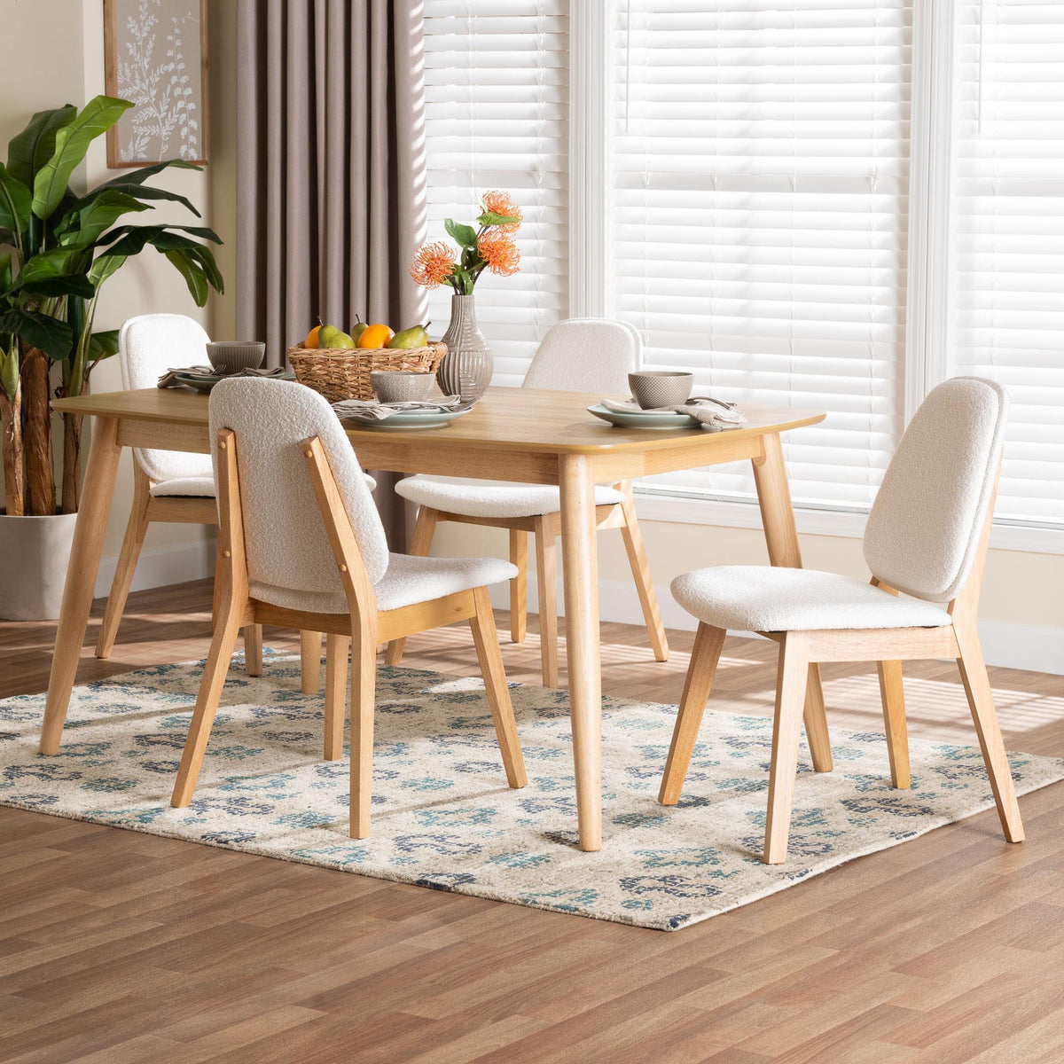 Jennica 5-Piece Dining Set - Solid Wood Rectangular Table with Boucle Upholstered Chairs, Mid-Century Modern Dining Furniture for Kitchen or Dining Room, Natural and White
