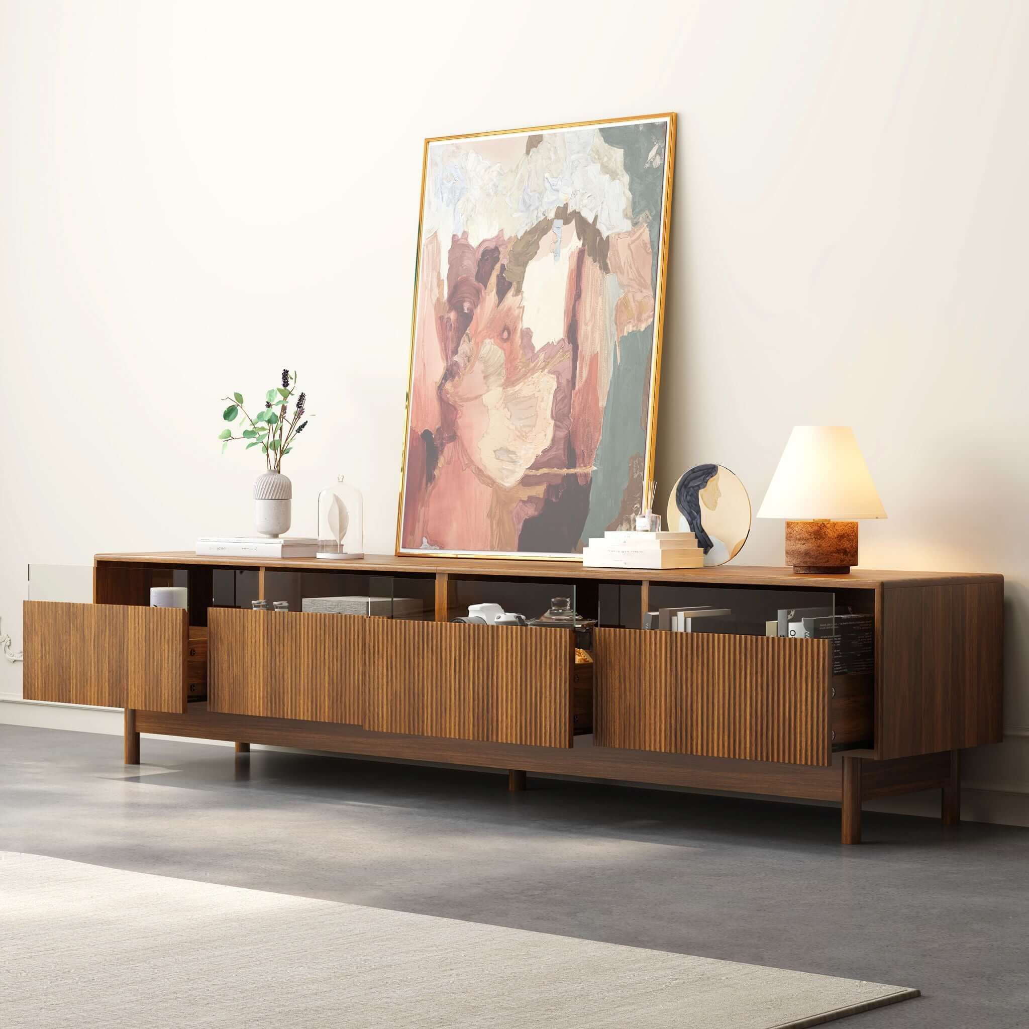 TV Stand, Entertainment Center With Fluted Drawers For Living Room - Walnut
