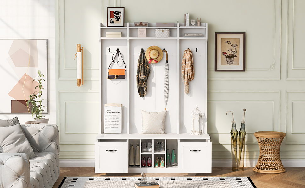 5 In 1 Entryway Bench With Coat Rack, 7 Sturdy Hooks, 2 Spacious Drawers And Adjustable Shelves