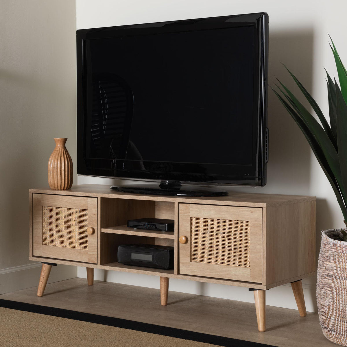 Sebille Mid-Century Modern Light Brown Finished Wood 2-Door TV Stand with Natural Rattan