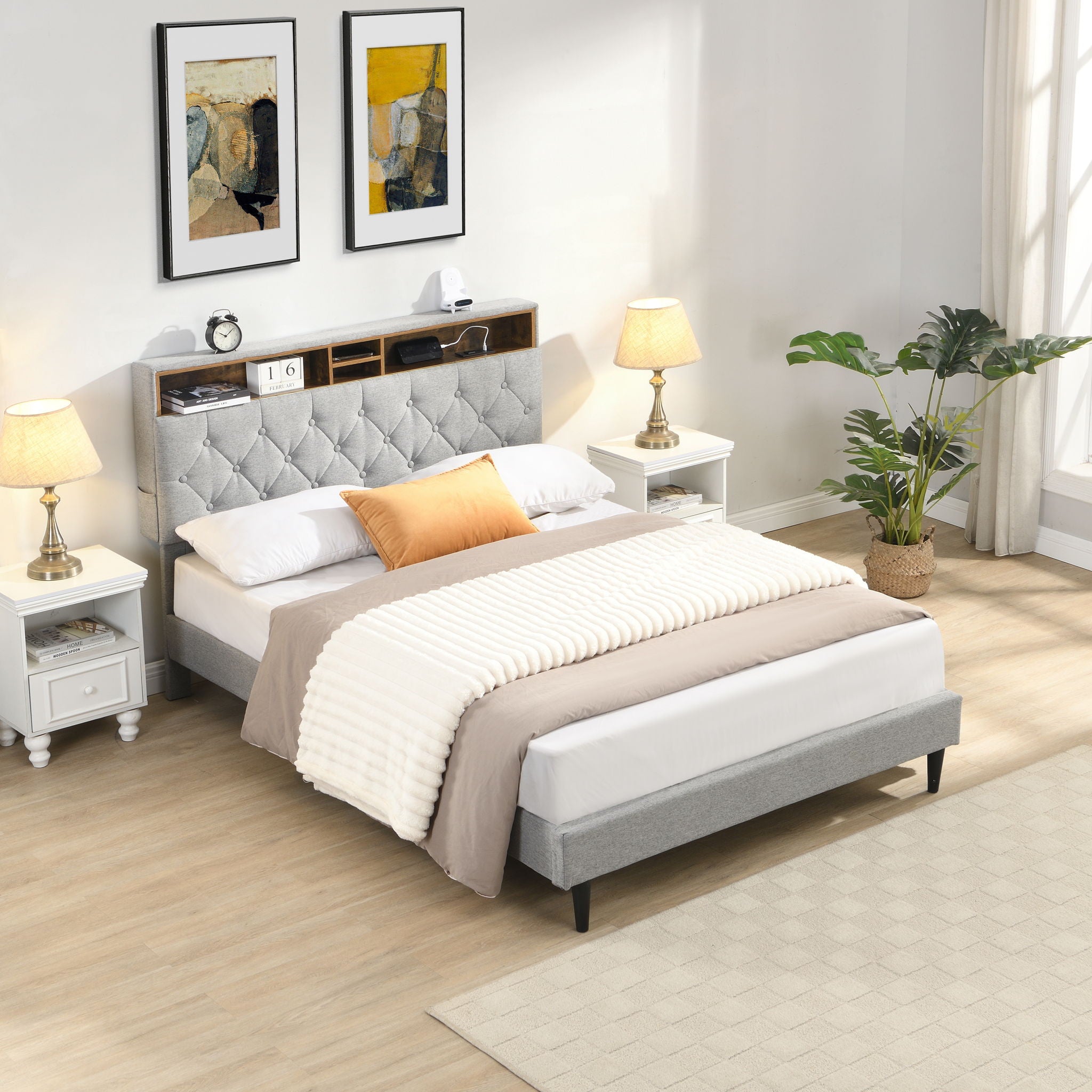 Modern Upholstered Platform Bed Frame With Button Tufted Headboard And USB Ports