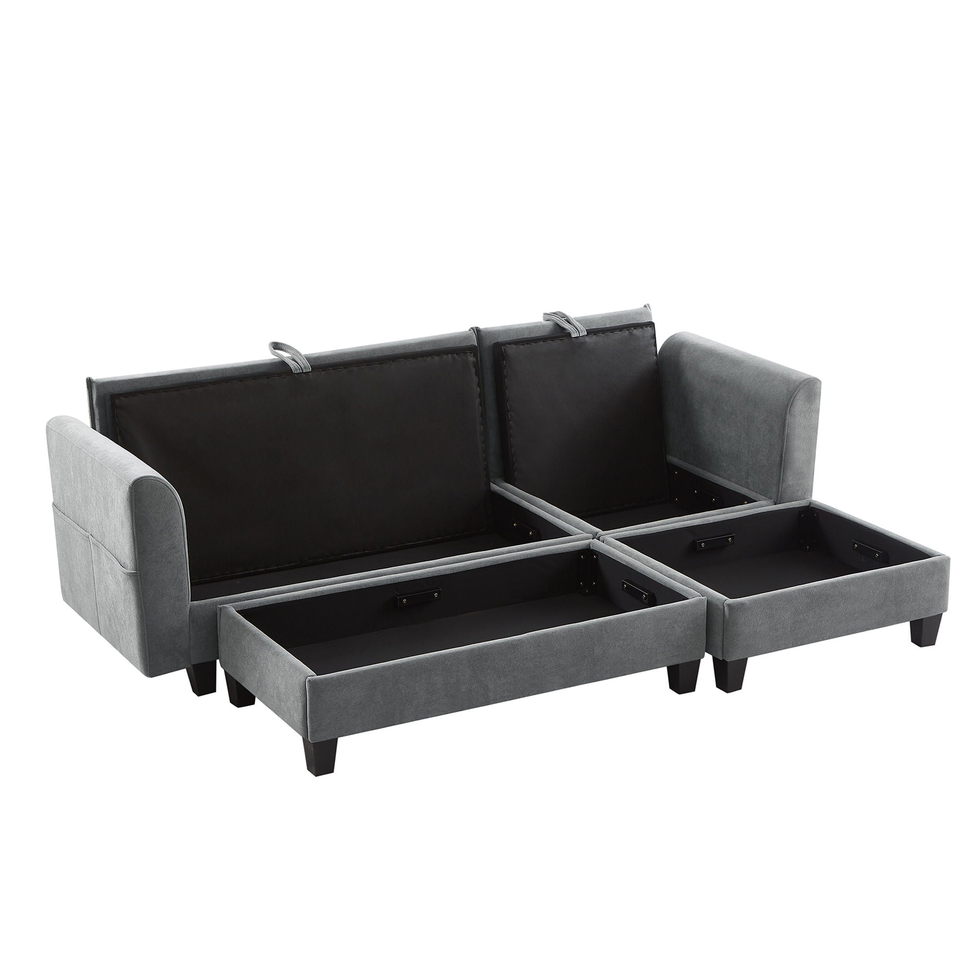 Upholstered L Shaped Sectional Sofa With Storage, Movable Ottoman, And 6 Throw Pillows