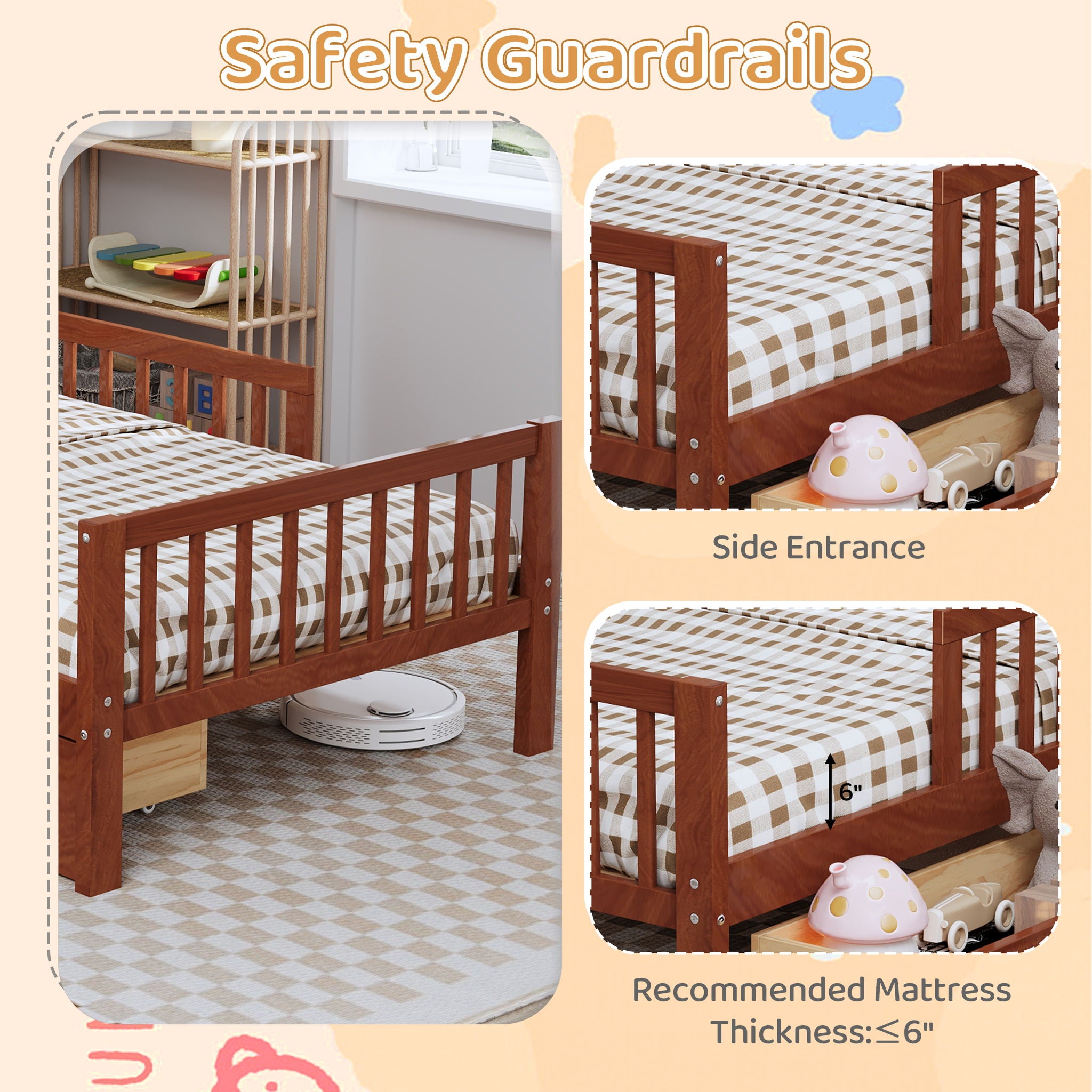 Bed With Headboard Storage Rack, 2 Under Bed Drawers, 3 Side Guardrails For Safety