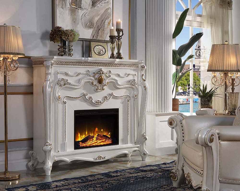 ACME Add a focal piece into any room with the ornate Picardy fireplace in a oak finish. The elaborate details of the mantel include winding carvings, medallion, and carved trim on top. | Meri Furniture
