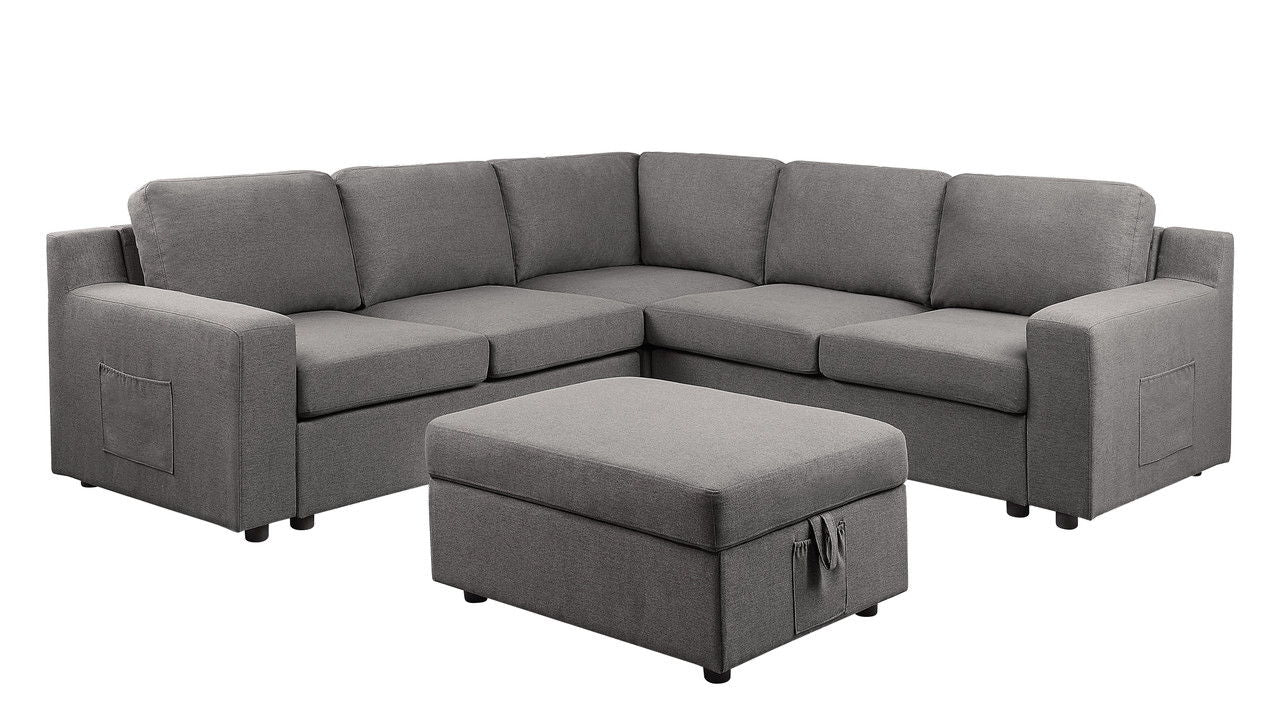 Waylon 93"W Gray Linen 6-Seater L-Shape Sectional Sofa with Storage Ottoman and Pockets
