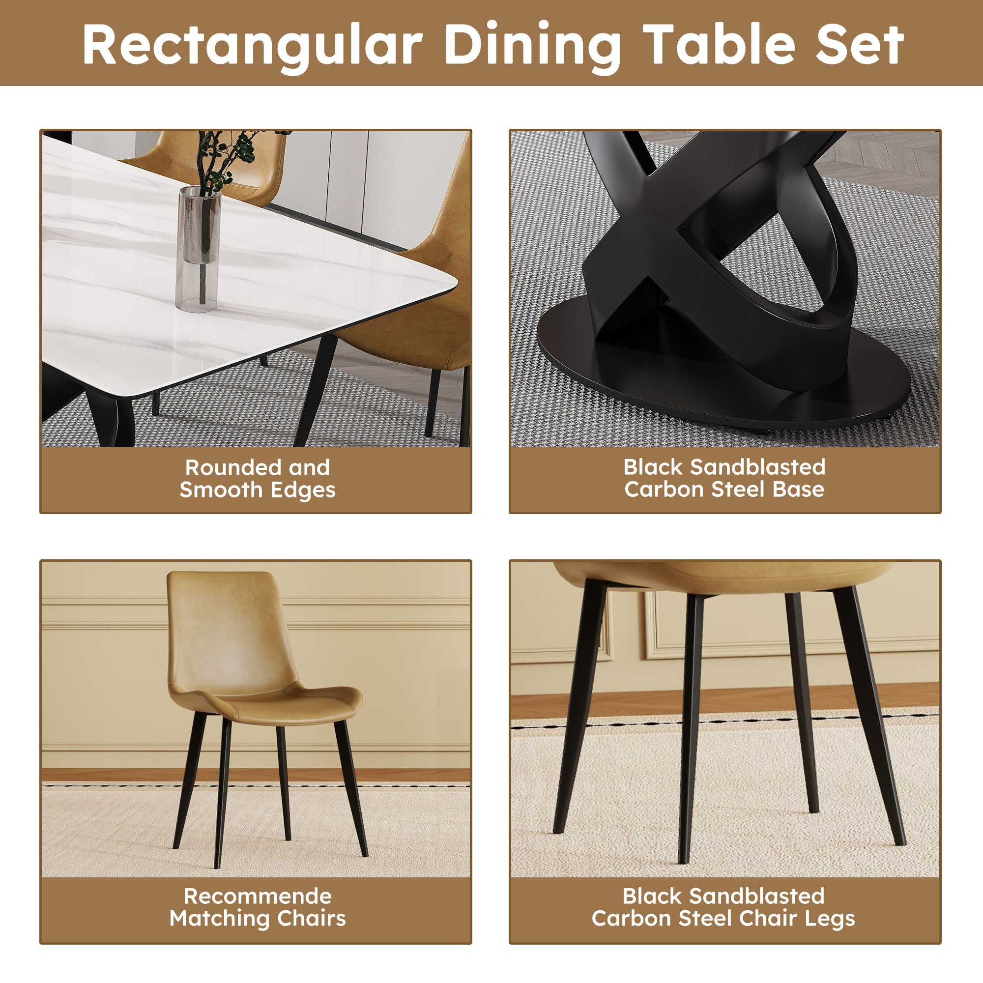 Rectangular Dining Table, For Dinner Party, 4 Chairs - Black / White